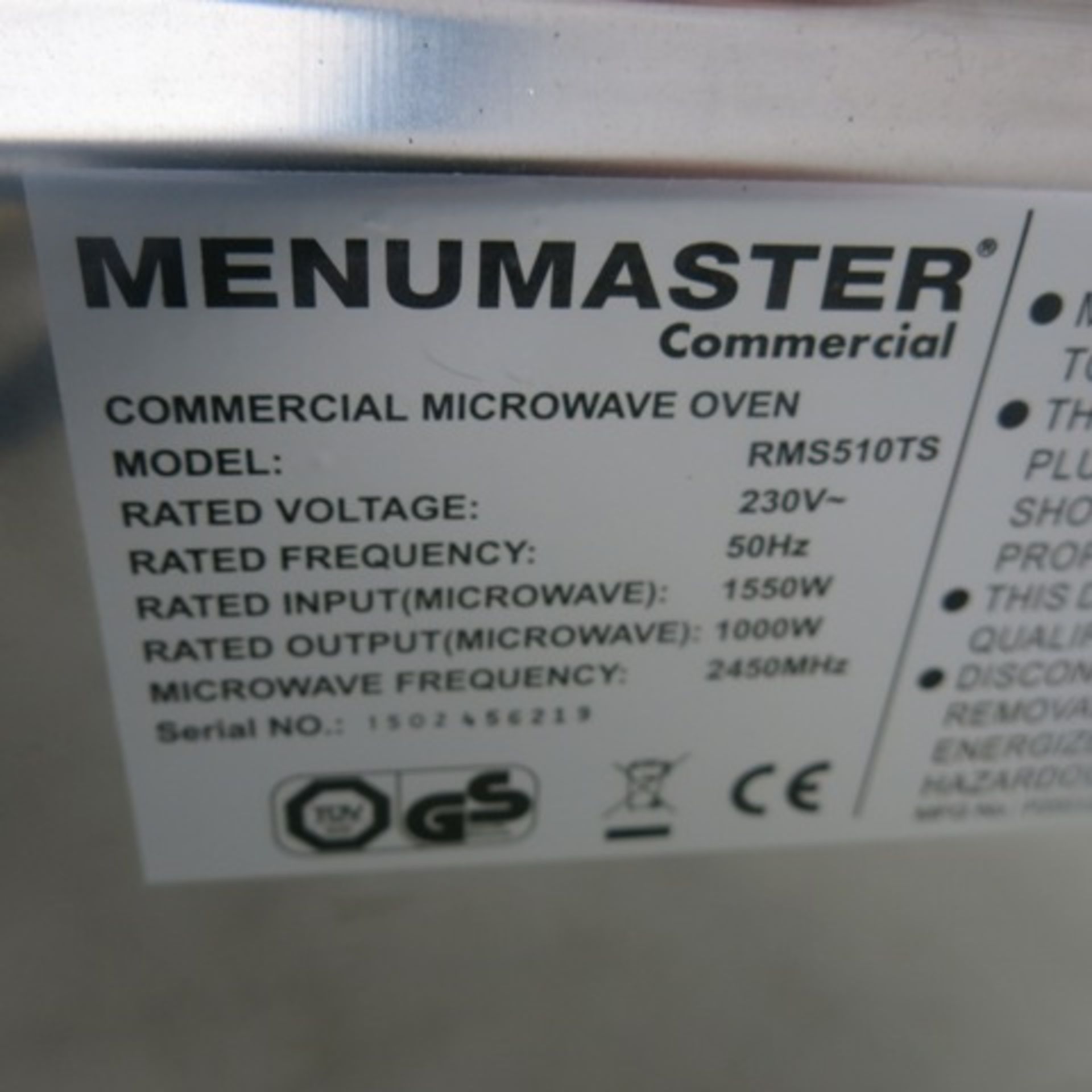 Menumaster Commercial 1550w Microwave, Model RM5510TS - Bild 5 aus 5