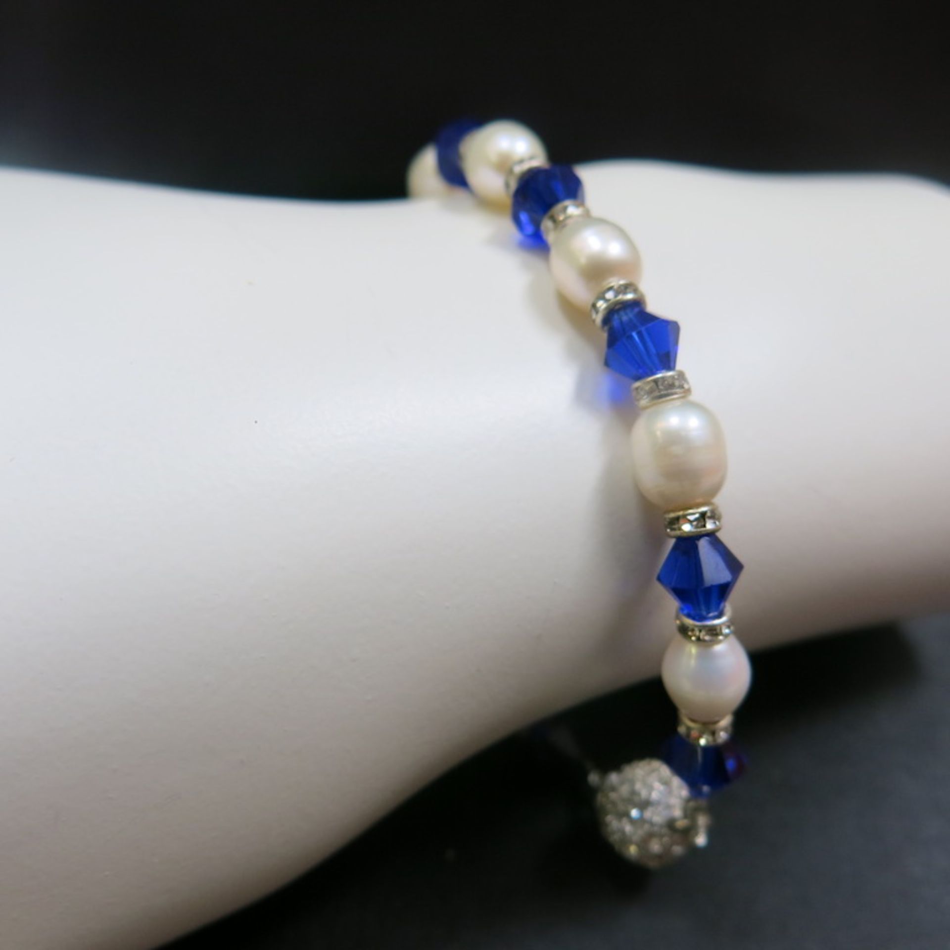 Pearl Bracelet (6.5mm) with Blue & Clear Stone Detail. Magnetic Clasp. RRP £58.00