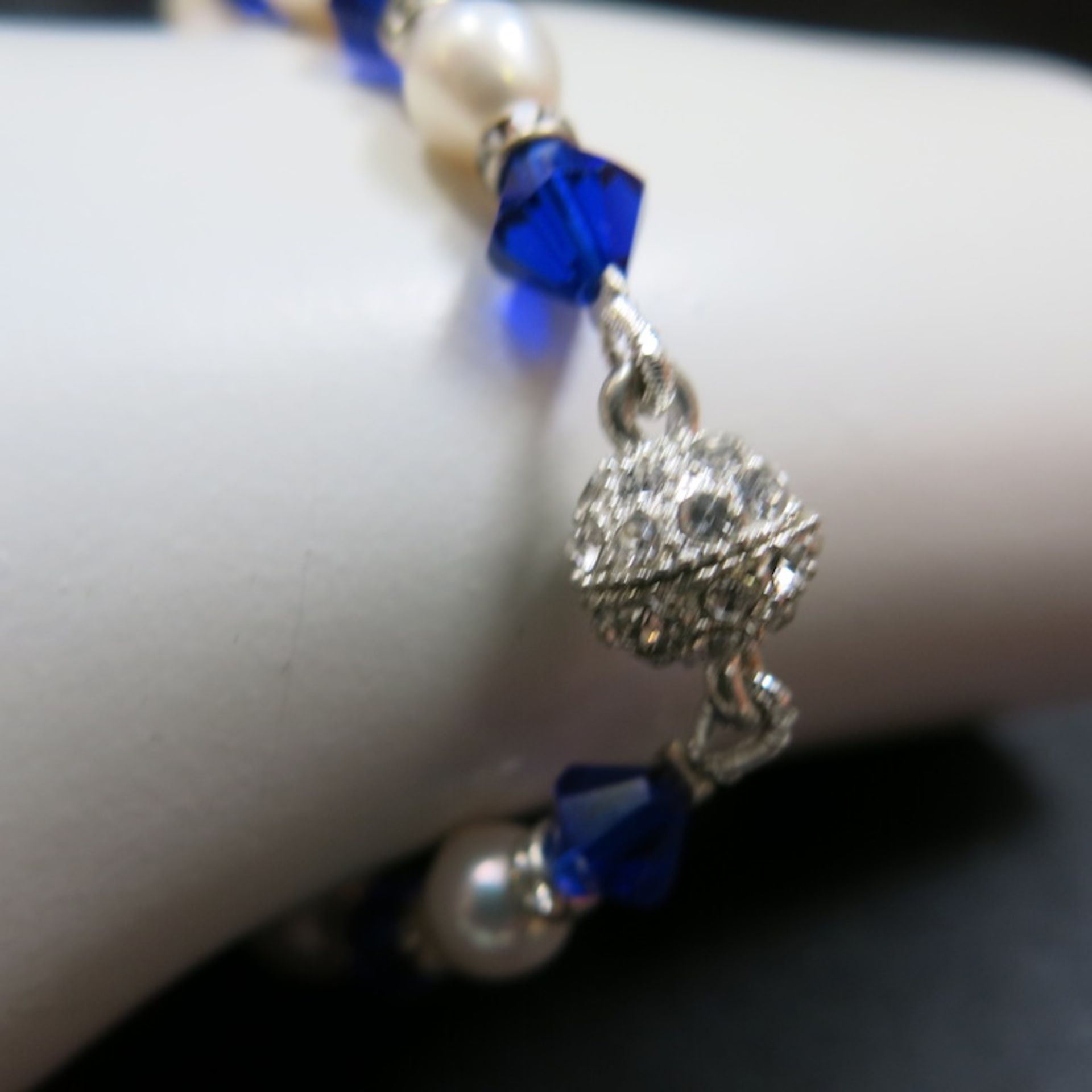 Pearl Bracelet (6.5mm) with Blue & Clear Stone Detail. Magnetic Clasp. RRP £58.00 - Image 2 of 3