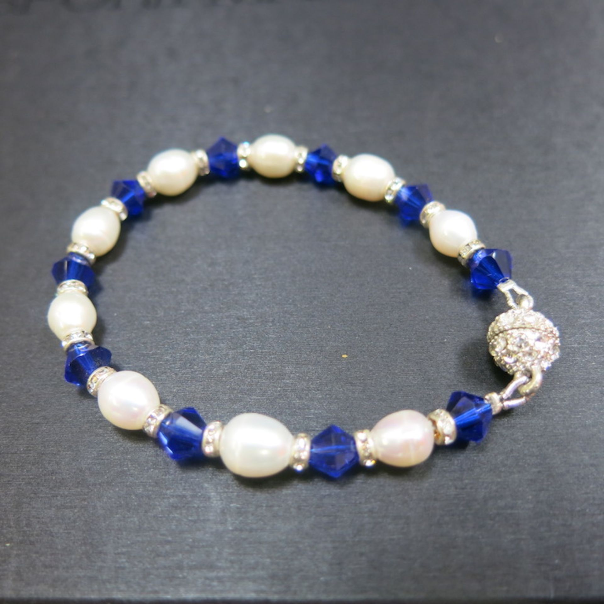Pearl Bracelet (6.5mm) with Blue & Clear Stone Detail. Magnetic Clasp. RRP £58.00 - Image 3 of 3