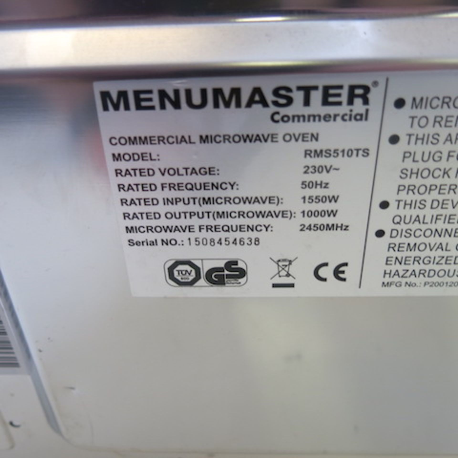 Menumaster Commercial 1550w Microwave, Model RMS510TS - Image 6 of 6