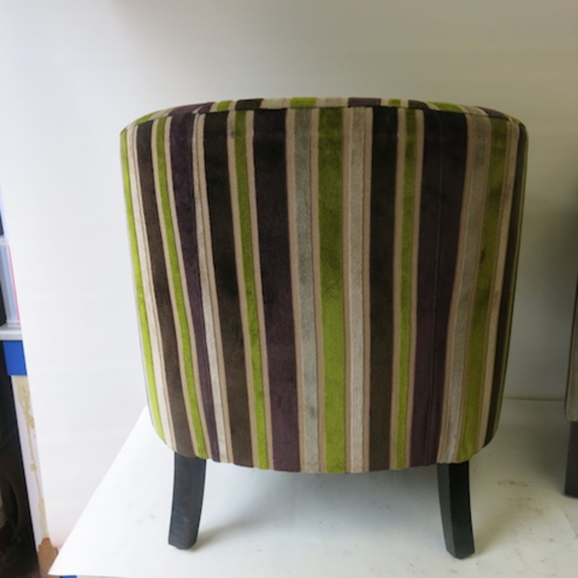 2 x Matching Crushed Velour Tub Chairs with Faux Leather Seat, in Striped Lime/Purple & Beige - Image 6 of 6