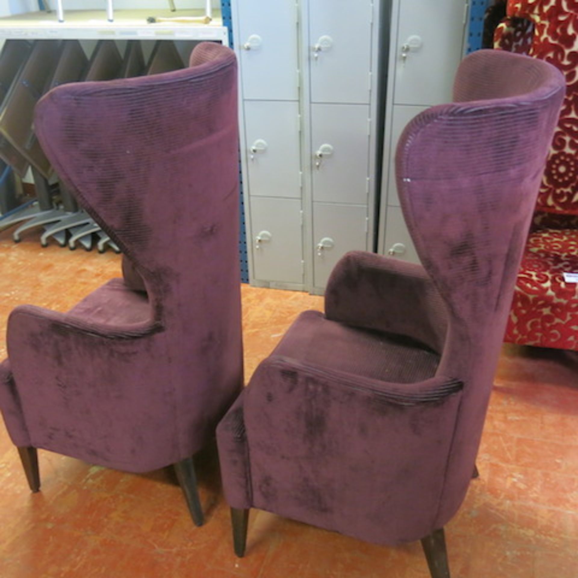 2 x High Back Wing Armchairs in Purple Velour. Some Staining and Wear Visible, but still in - Image 3 of 6