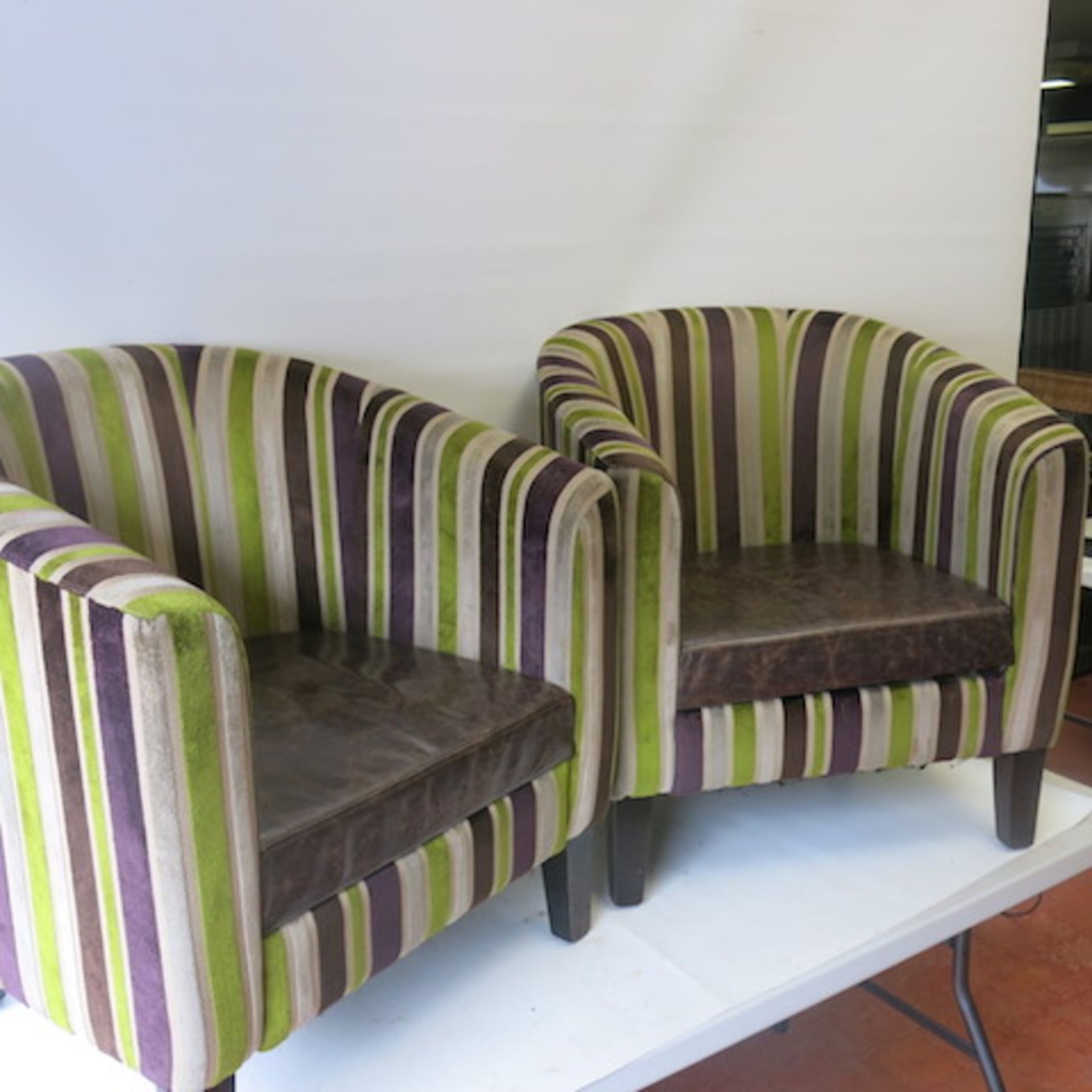 2 x Matching Crushed Velour Tub Chairs with Faux Leather Seat, in Striped Lime/Purple & Beige - Image 3 of 6