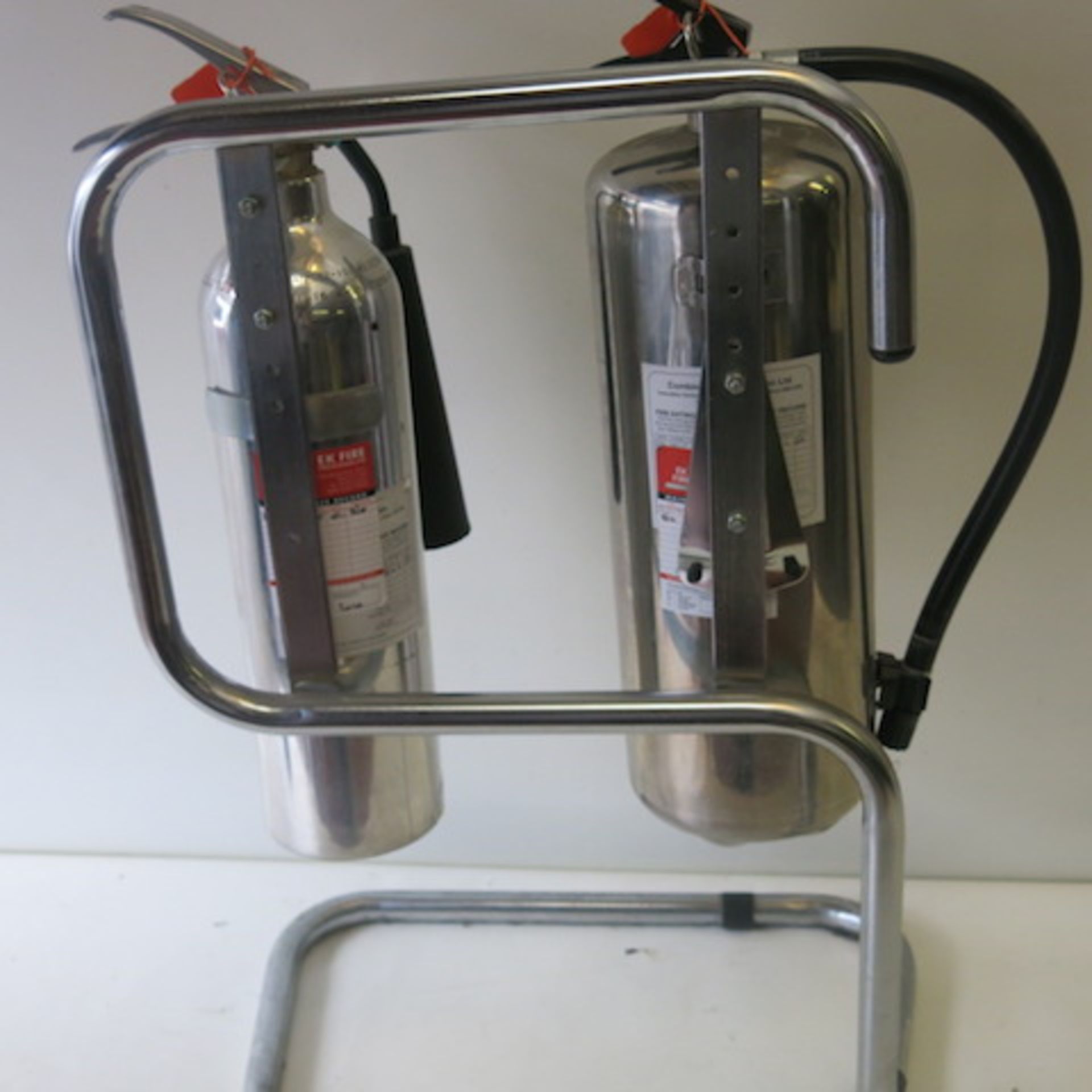 2 x Stainless Steel/Polished Aluminum Fire Extinguishers on Frame, 1 Foam, 1 Carbon Dioxide, - Image 4 of 4