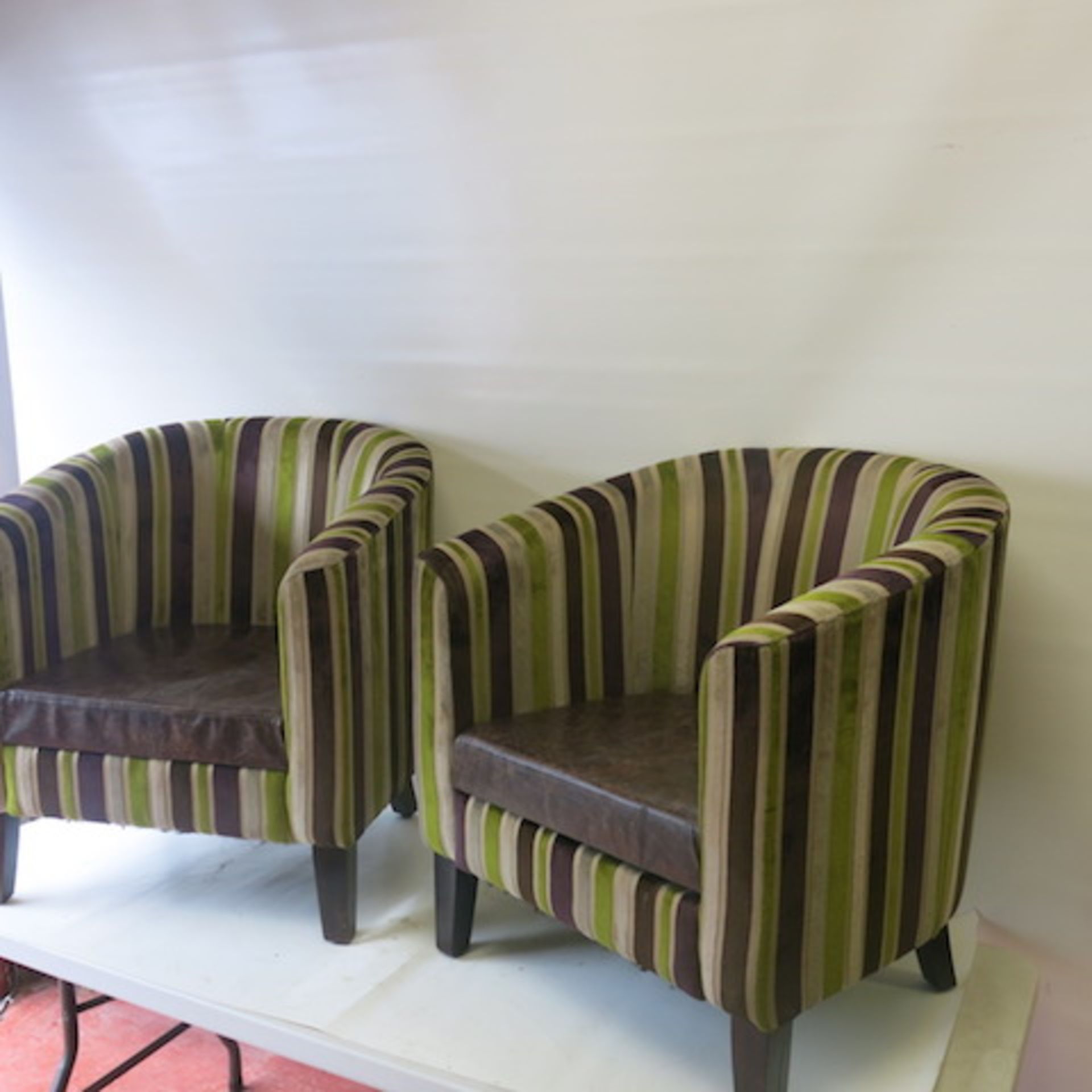 2 x Matching Crushed Velour Tub Chairs with Faux Leather Seat, in Striped Lime/Purple & Beige - Image 2 of 6