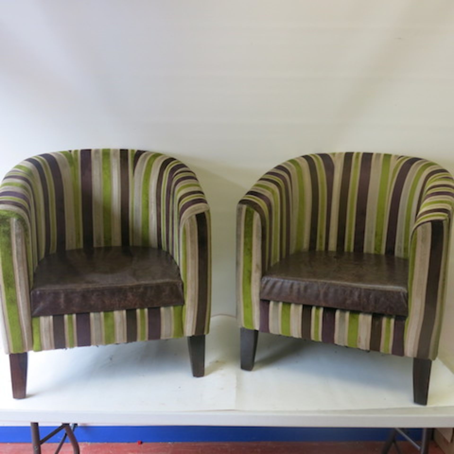 2 x Matching Crushed Velour Tub Chairs with Faux Leather Seat, in Striped Lime/Purple & Beige