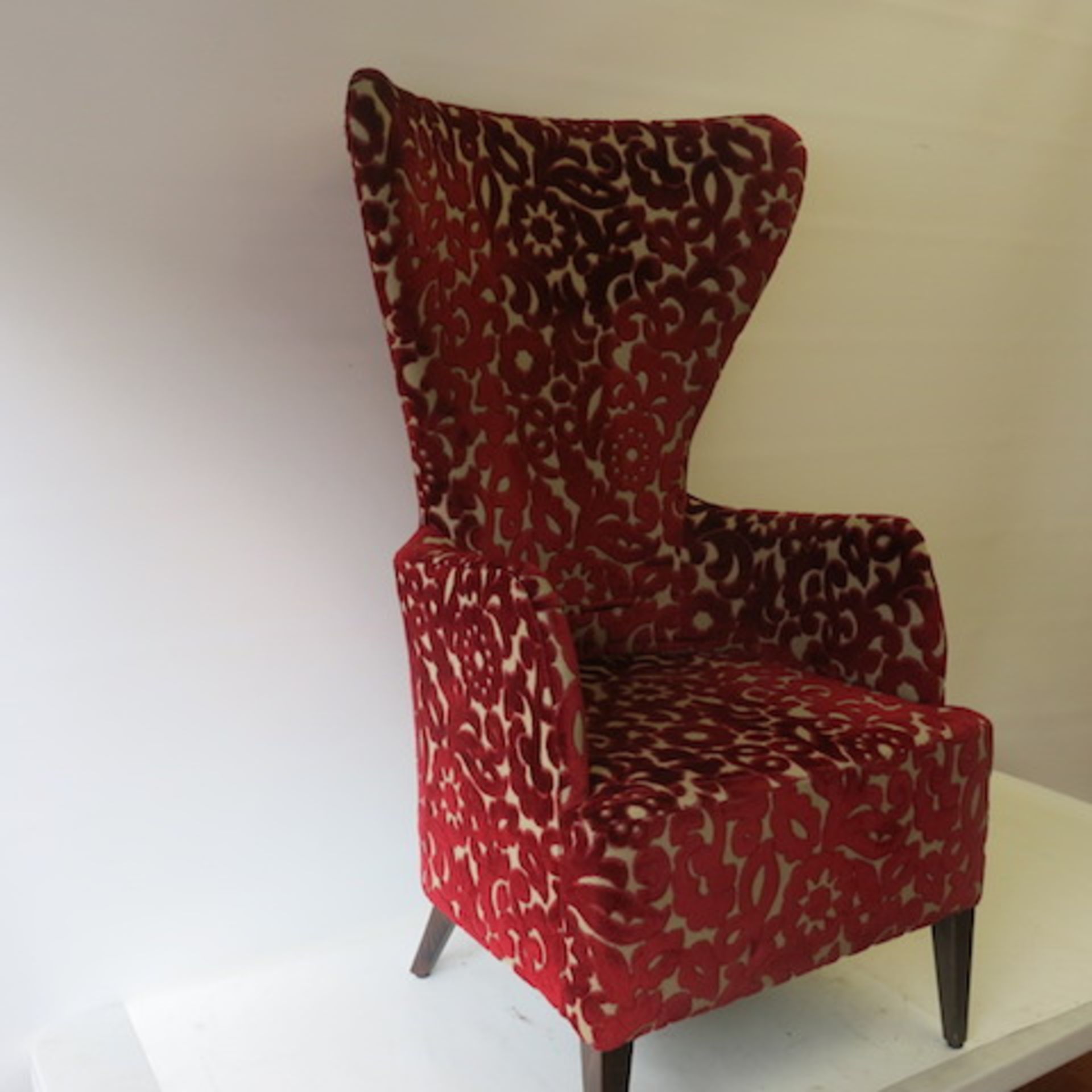 A High Back Wing Armchair with Crushed Velour Pattern in Deep Red & Cream, appears in good condition - Image 3 of 6