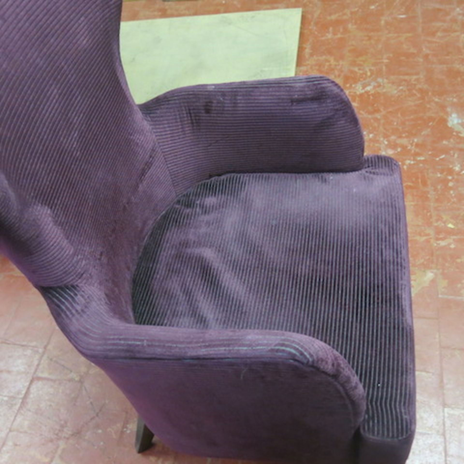 2 x High Back Wing Armchairs in Purple Velour. Some Staining and Wear Visible, but still in - Image 6 of 6