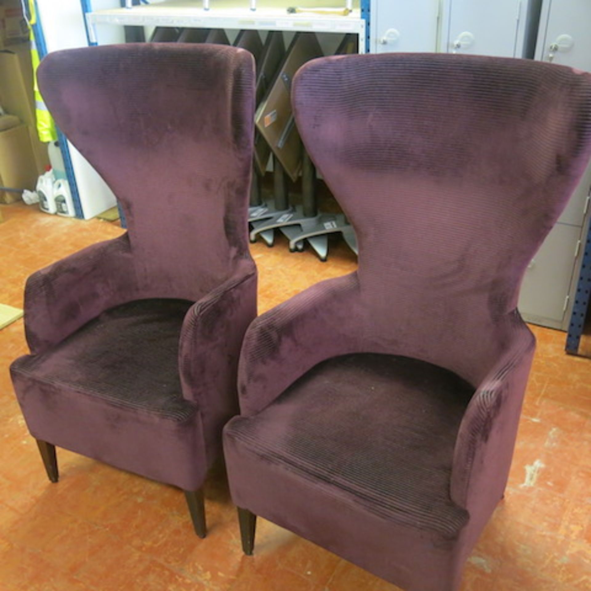 2 x High Back Wing Armchairs in Purple Velour. Some Staining and Wear Visible, but still in - Image 2 of 6