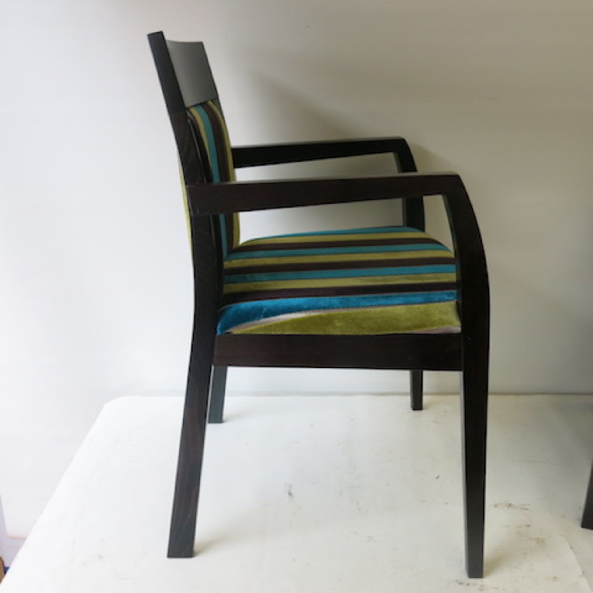 2 x Wooden Framed Dining Chairs with Striped Velour Pattern. Light stains to one seat, but still - Image 5 of 7