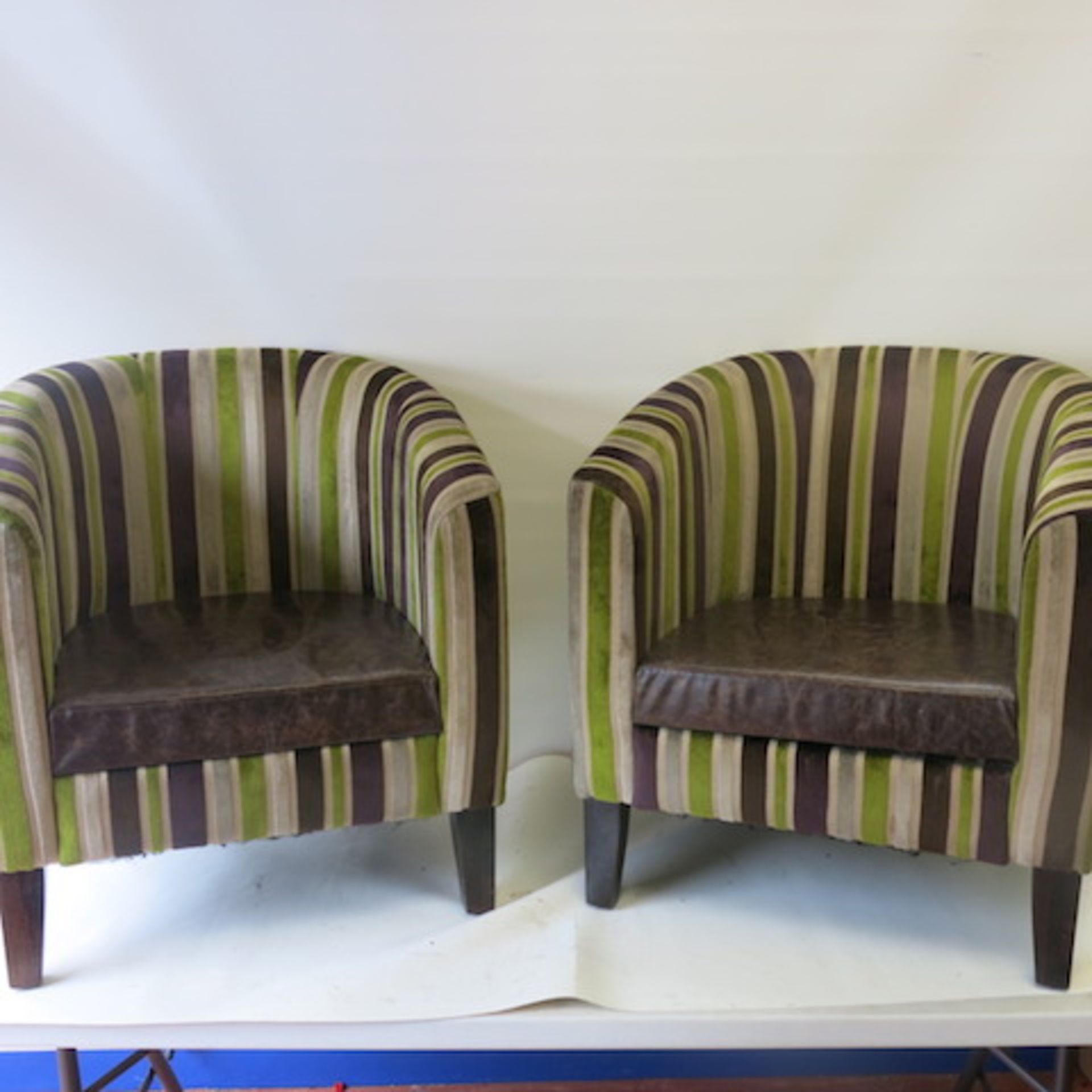 2 x Matching Crushed Velour Tub Chairs with Faux Leather Seat, in Striped Lime/Purple & Beige