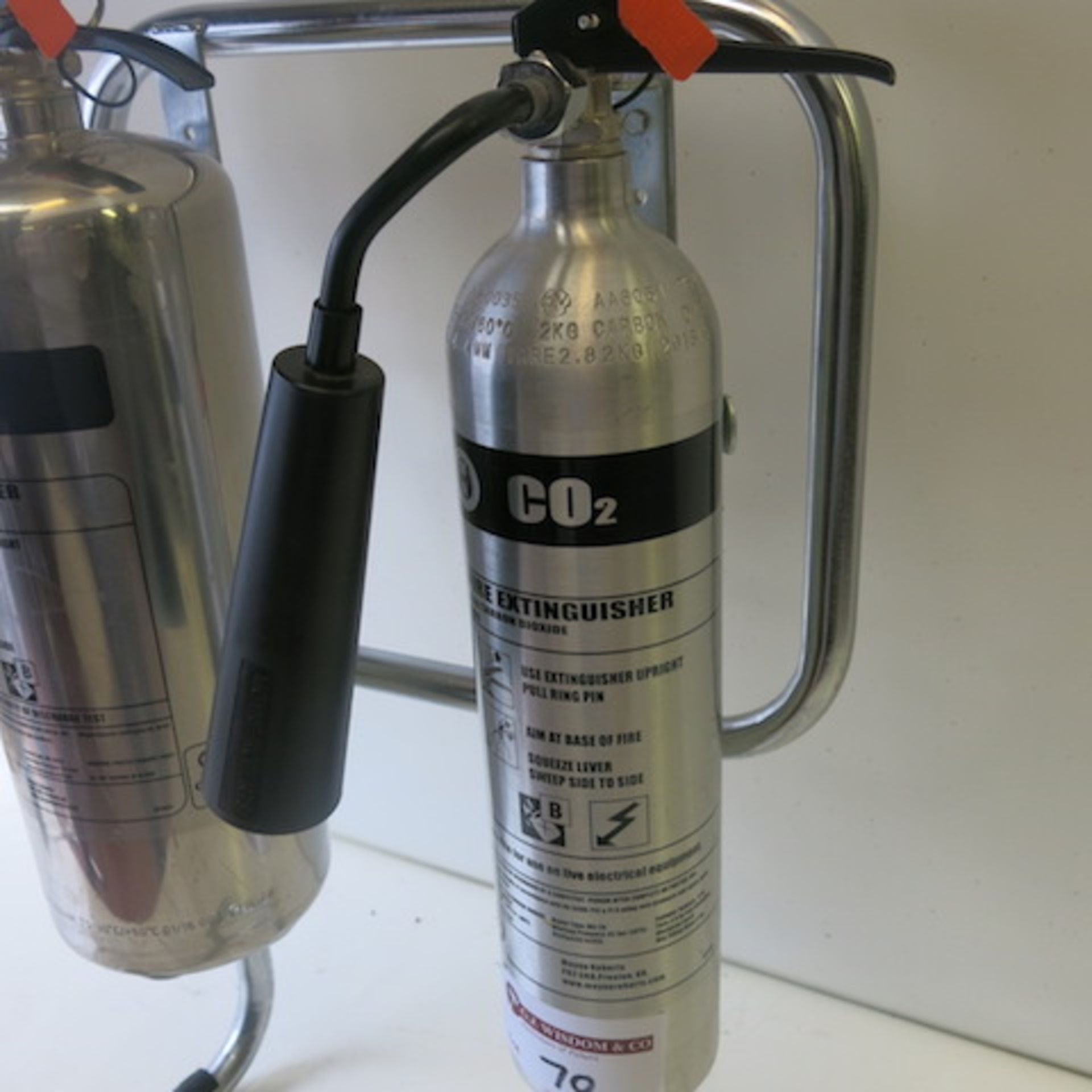 2 x Stainless Steel/Aluminum Fire Extinguishers on Frame, 1 Foam, 1 Carbon Dioxide, Discharge Date - Image 3 of 4