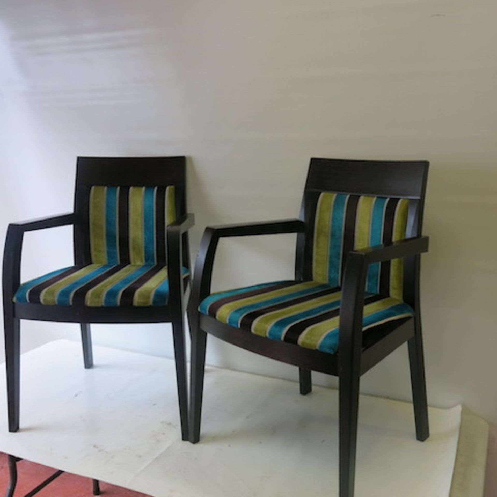 2 x Wooden Framed Dining Chairs with Striped Velour Pattern. Light stains to one seat, but still - Image 2 of 7