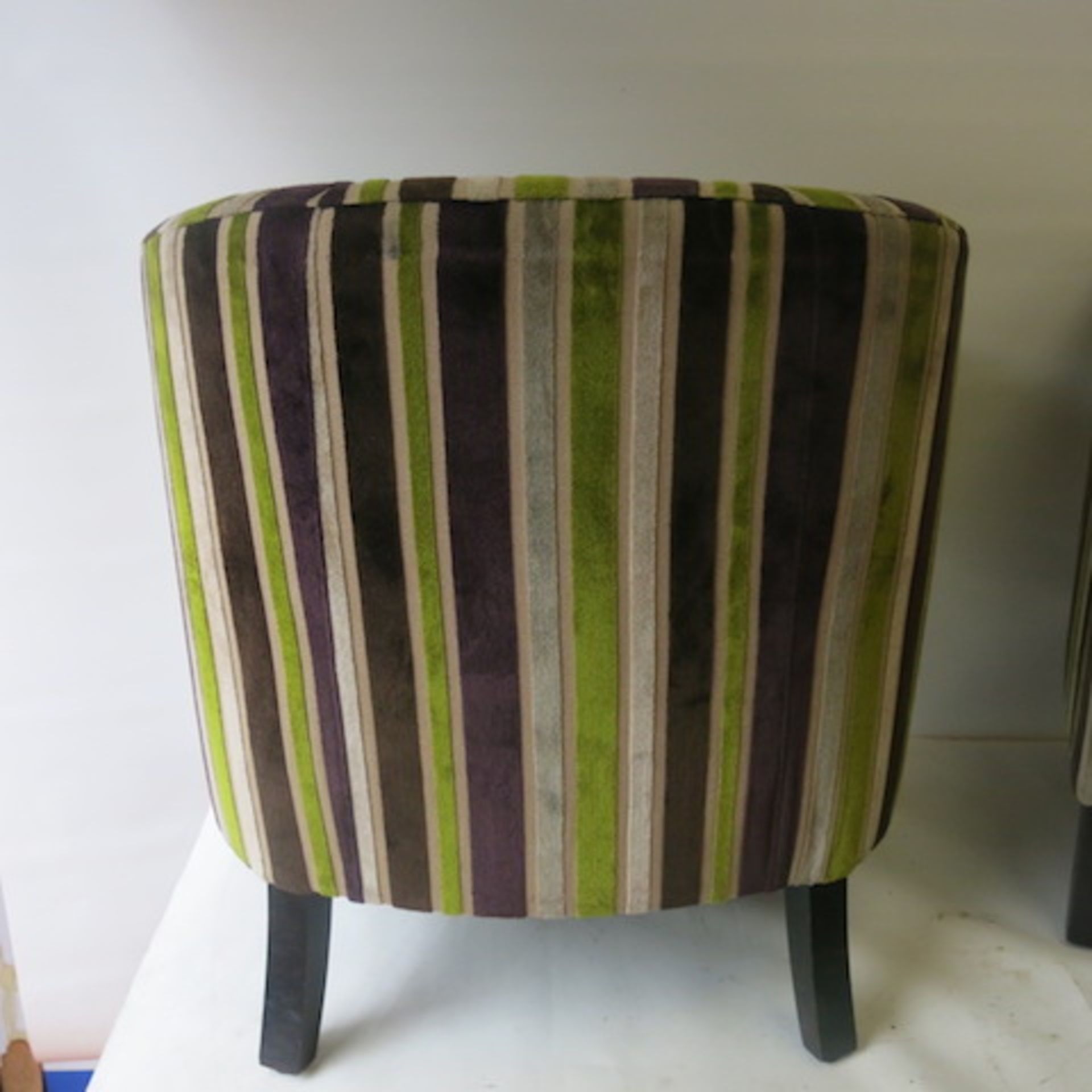 2 x Matching Crushed Velour Tub Chairs with Faux Leather Seat, in Striped Lime/Purple & Beige - Image 6 of 6