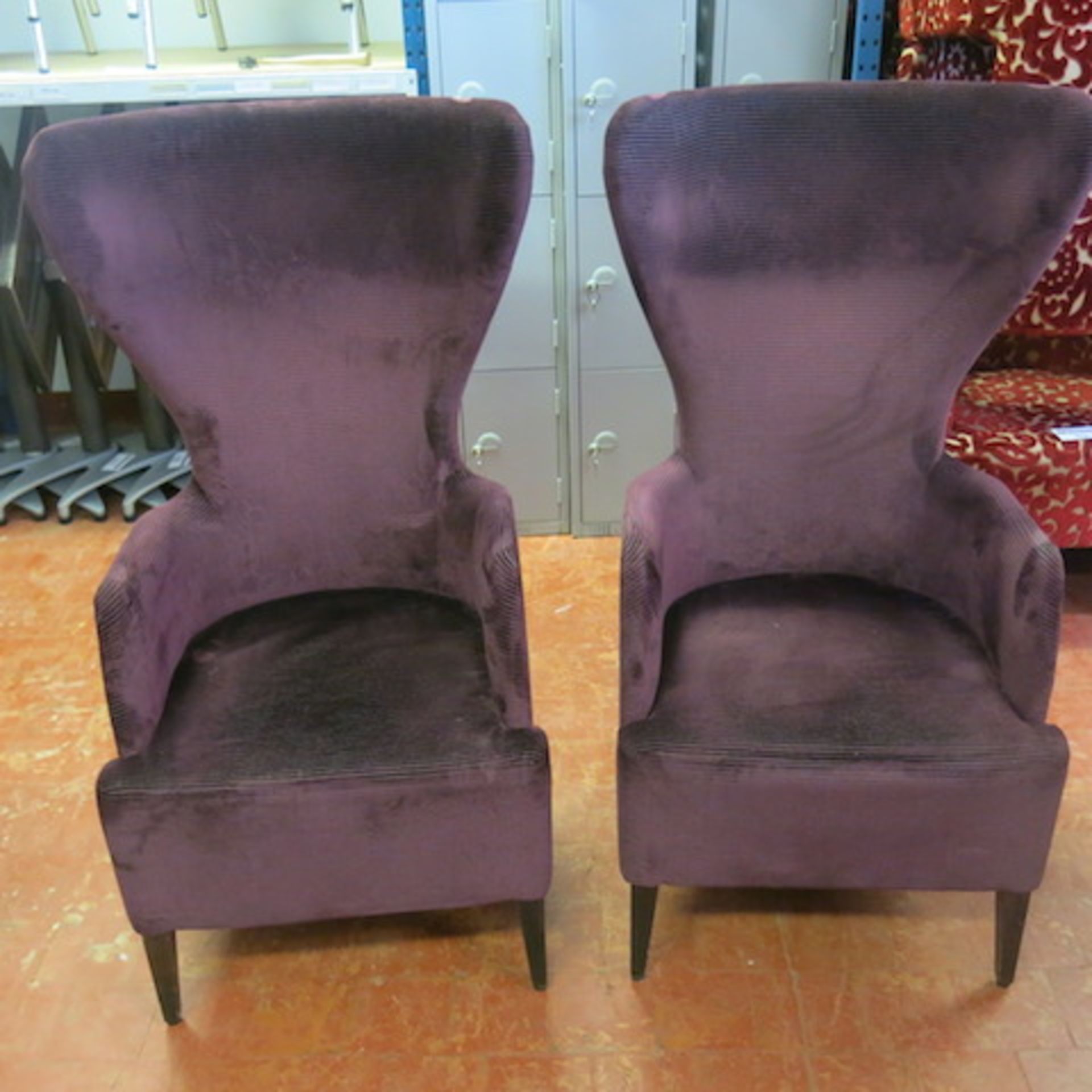 2 x High Back Wing Armchairs in Purple Velour. Some Staining and Wear Visible, but still in