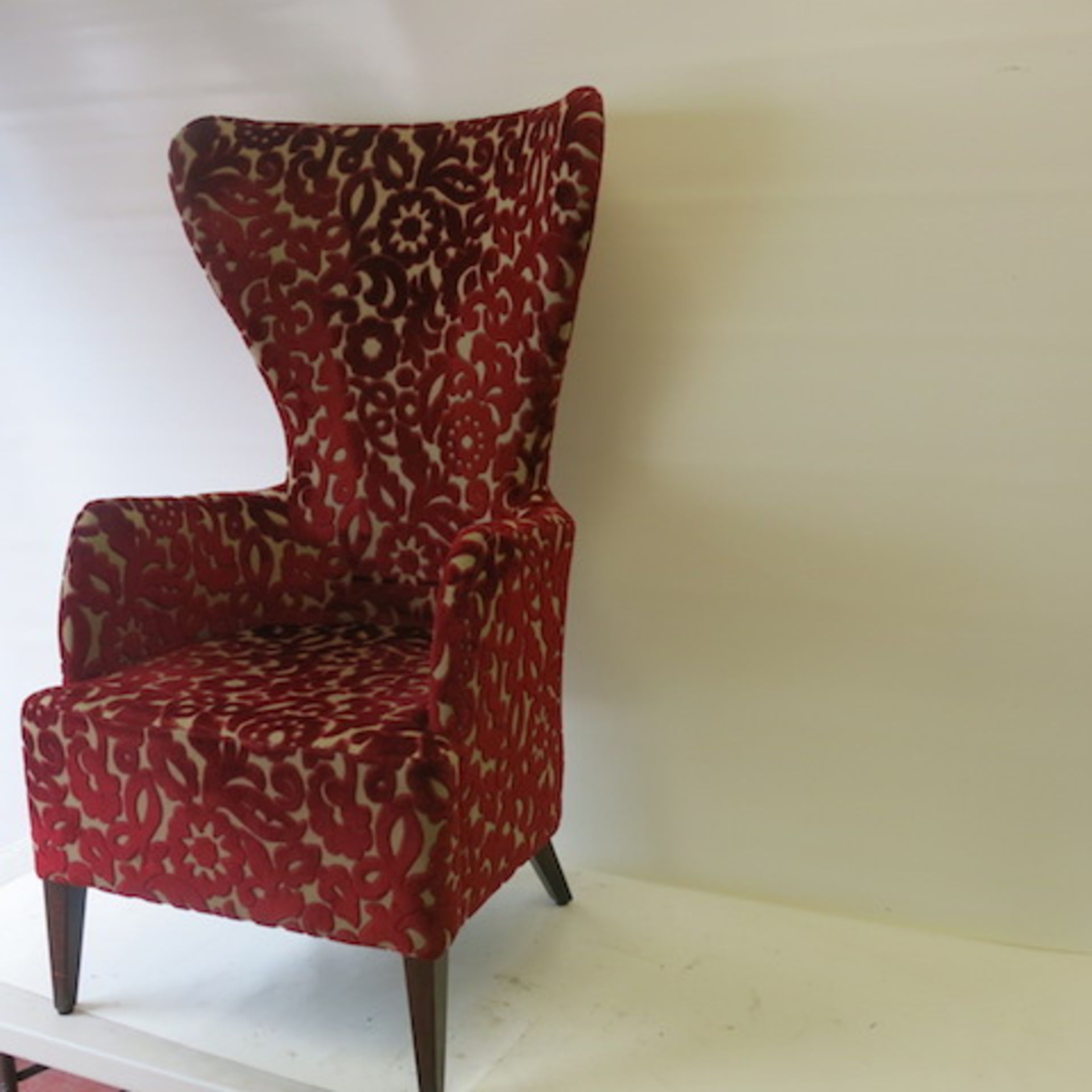 A High Back Wing Armchair with Crushed Velour Pattern in Deep Red & Cream, appears in good condition - Image 2 of 6