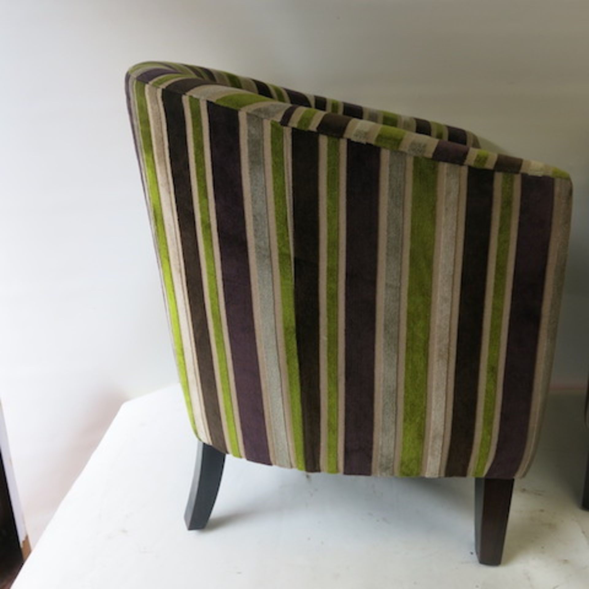 2 x Matching Crushed Velour Tub Chairs with Faux Leather Seat, in Striped Lime/Purple & Beige - Image 5 of 6