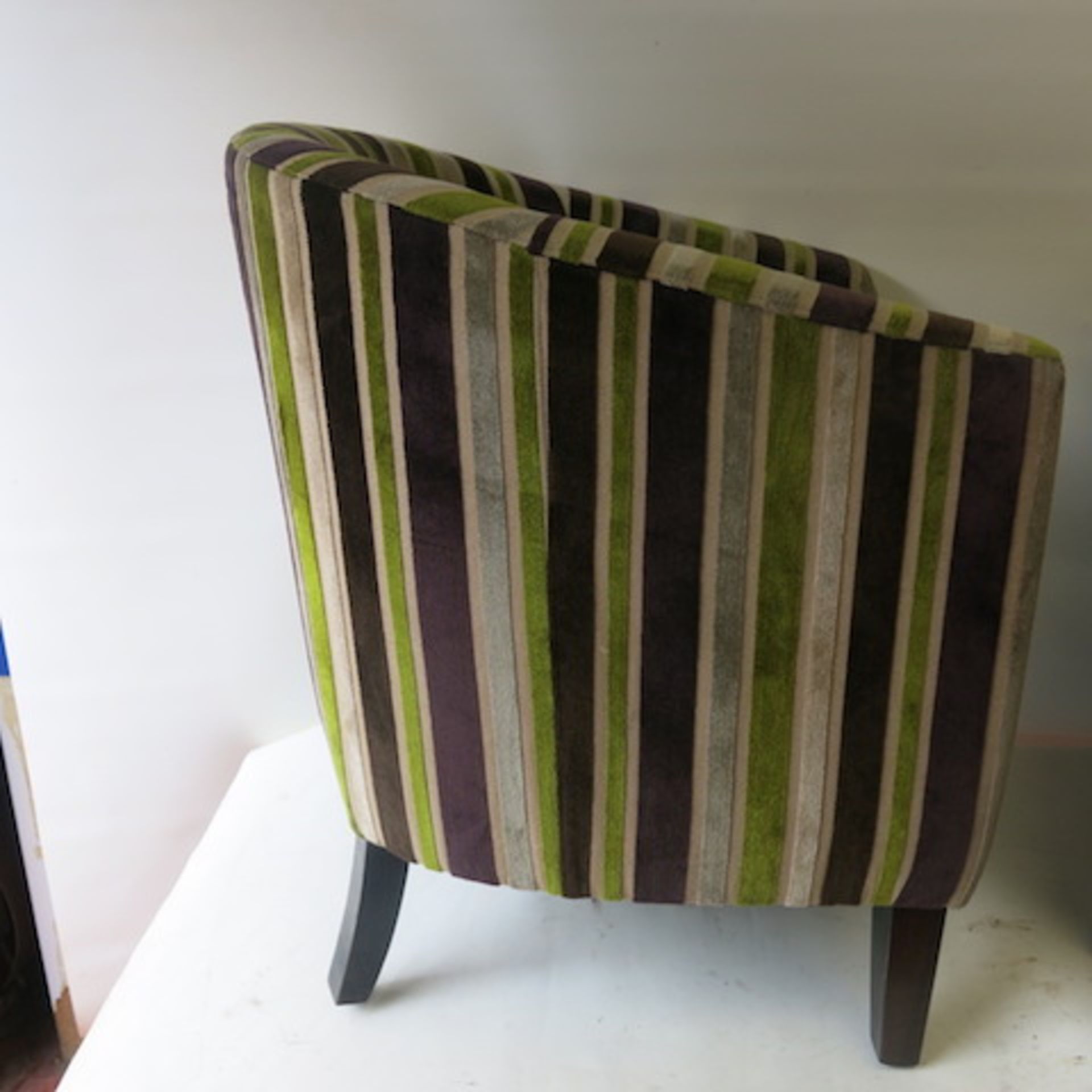 2 x Matching Crushed Velour Tub Chairs with Faux Leather Seat, in Striped Lime/Purple & Beige - Image 5 of 6