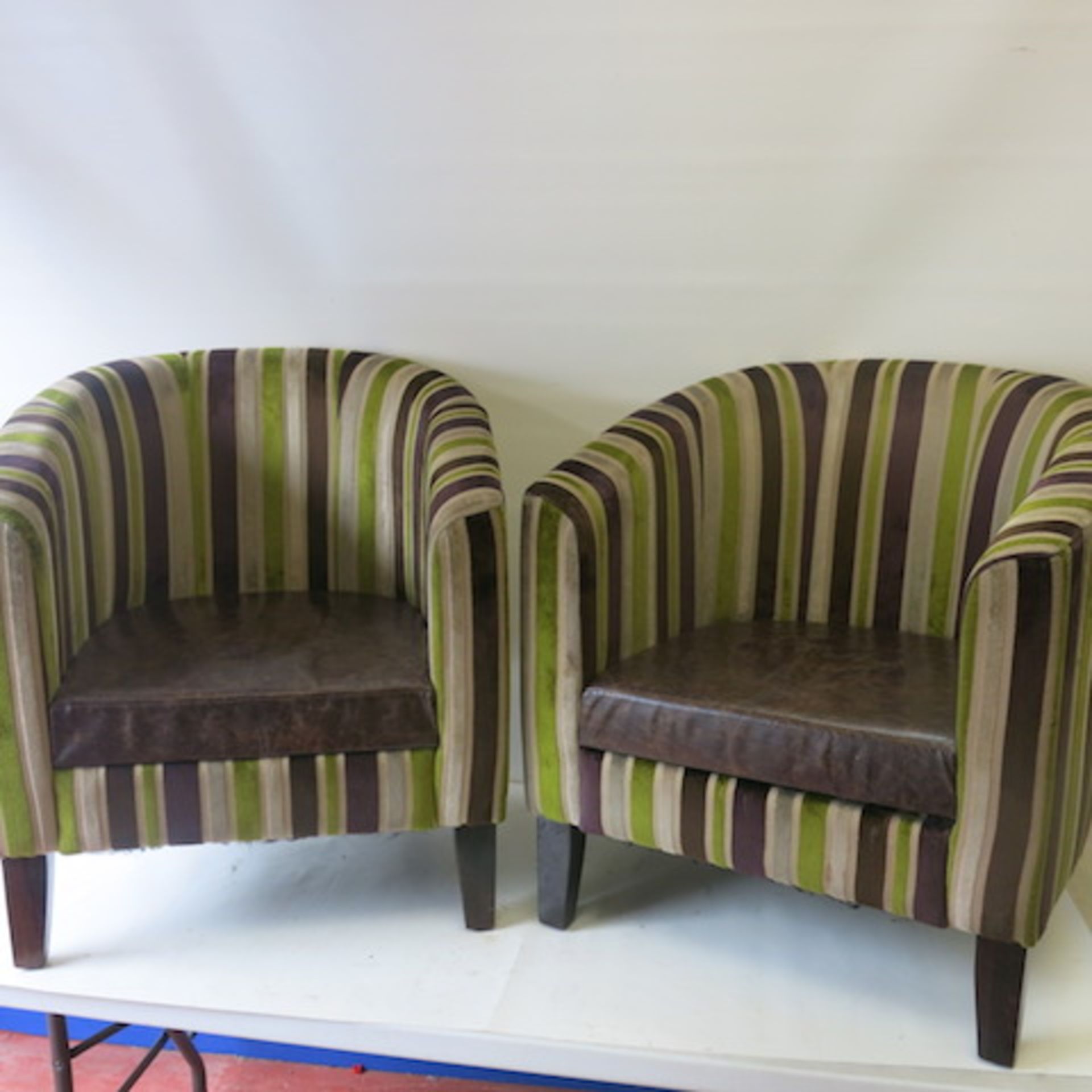 2 x Matching Crushed Velour Tub Chairs with Faux Leather Seat, in Striped Lime/Purple & Beige