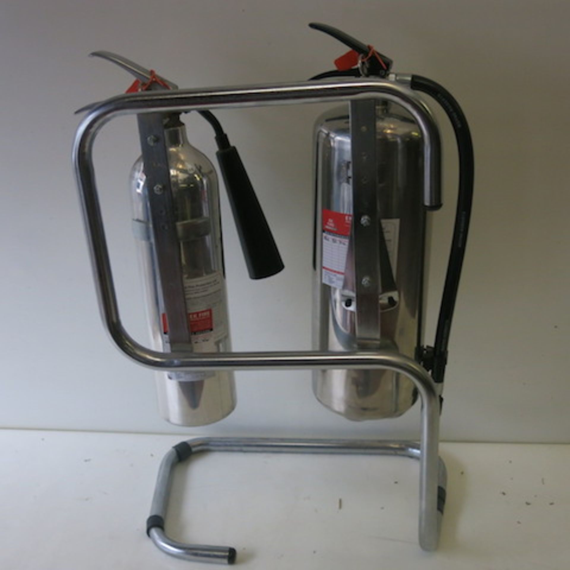 2 x Stainless Steel/Polished Aluminum Fire Extinguishers on Frame, 1 Foam, 1 Carbon Dioxide, - Image 4 of 4