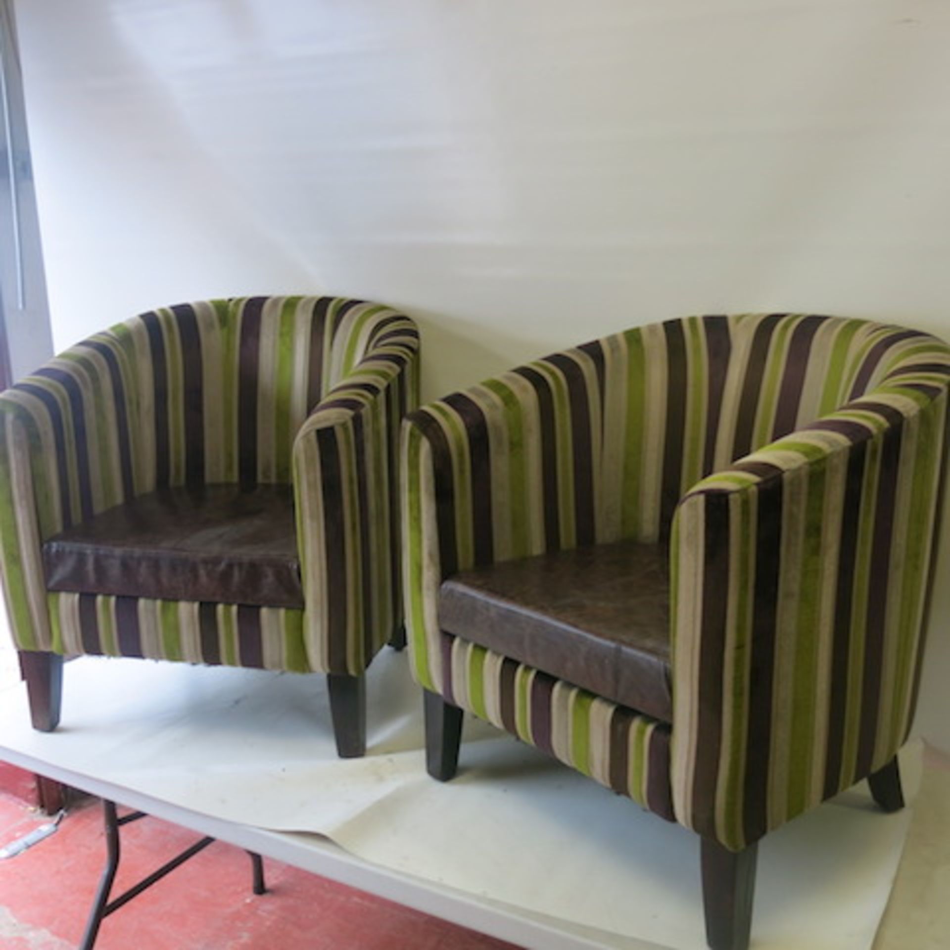 2 x Matching Crushed Velour Tub Chairs with Faux Leather Seat, in Striped Lime/Purple & Beige - Image 2 of 6