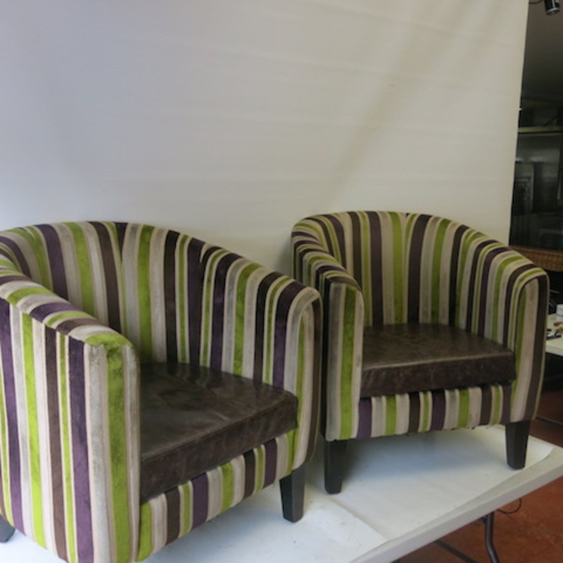 2 x Matching Crushed Velour Tub Chairs with Faux Leather Seat, in Striped Lime/Purple & Beige - Image 3 of 6