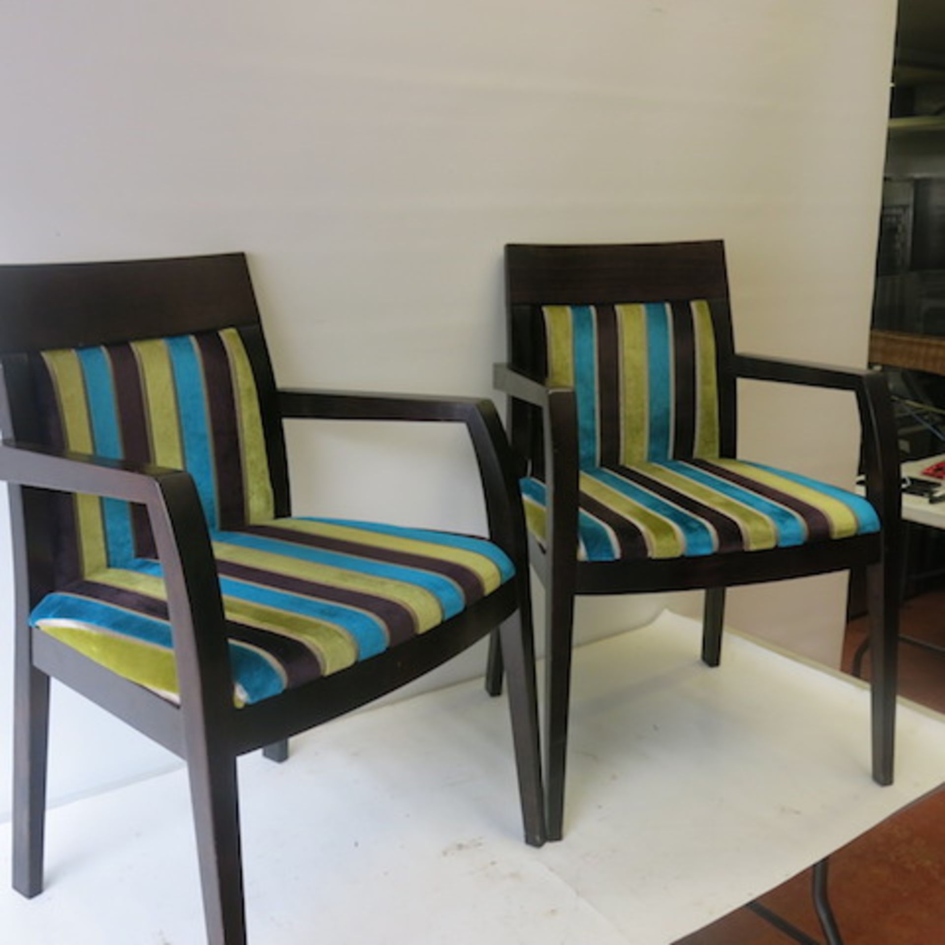 2 x Wooden Framed Dining Chairs with Striped Velour Pattern. Light stains to one seat, but still - Image 3 of 7