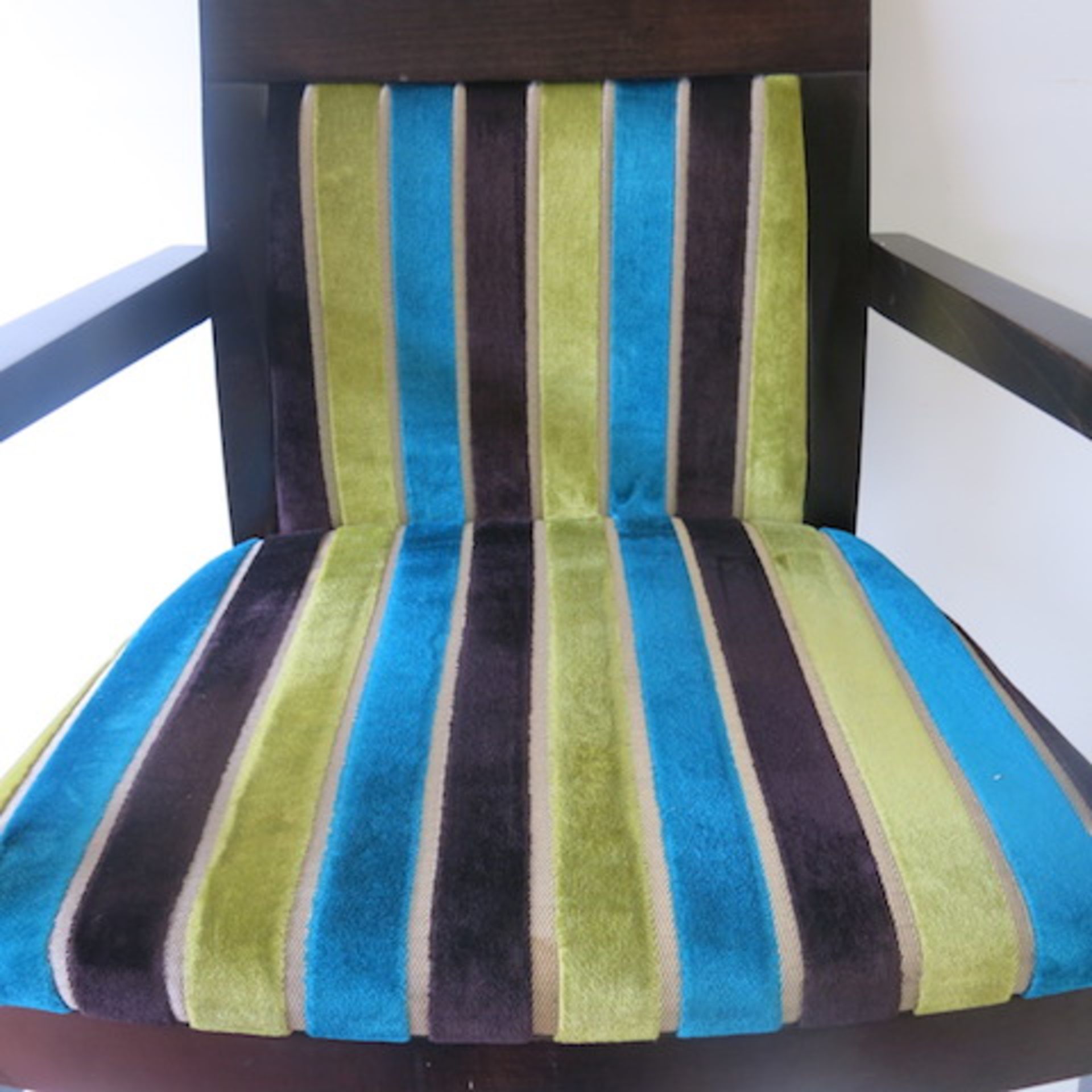 2 x Wooden Framed Dining Chairs with Striped Velour Pattern. Light stains to one seat, but still - Image 4 of 7