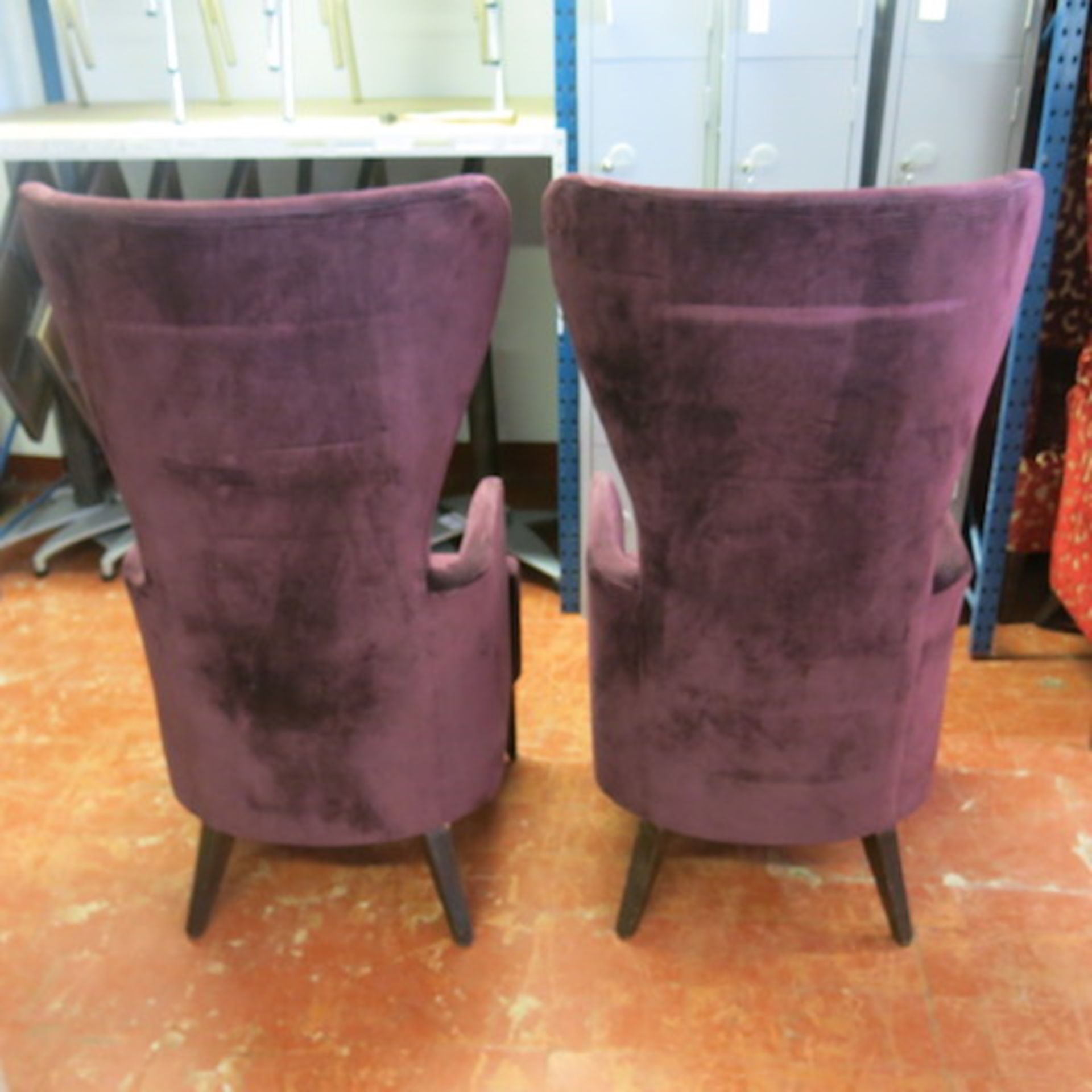 2 x High Back Wing Armchairs in Purple Velour. Some Staining and Wear Visible, but still in - Image 4 of 6