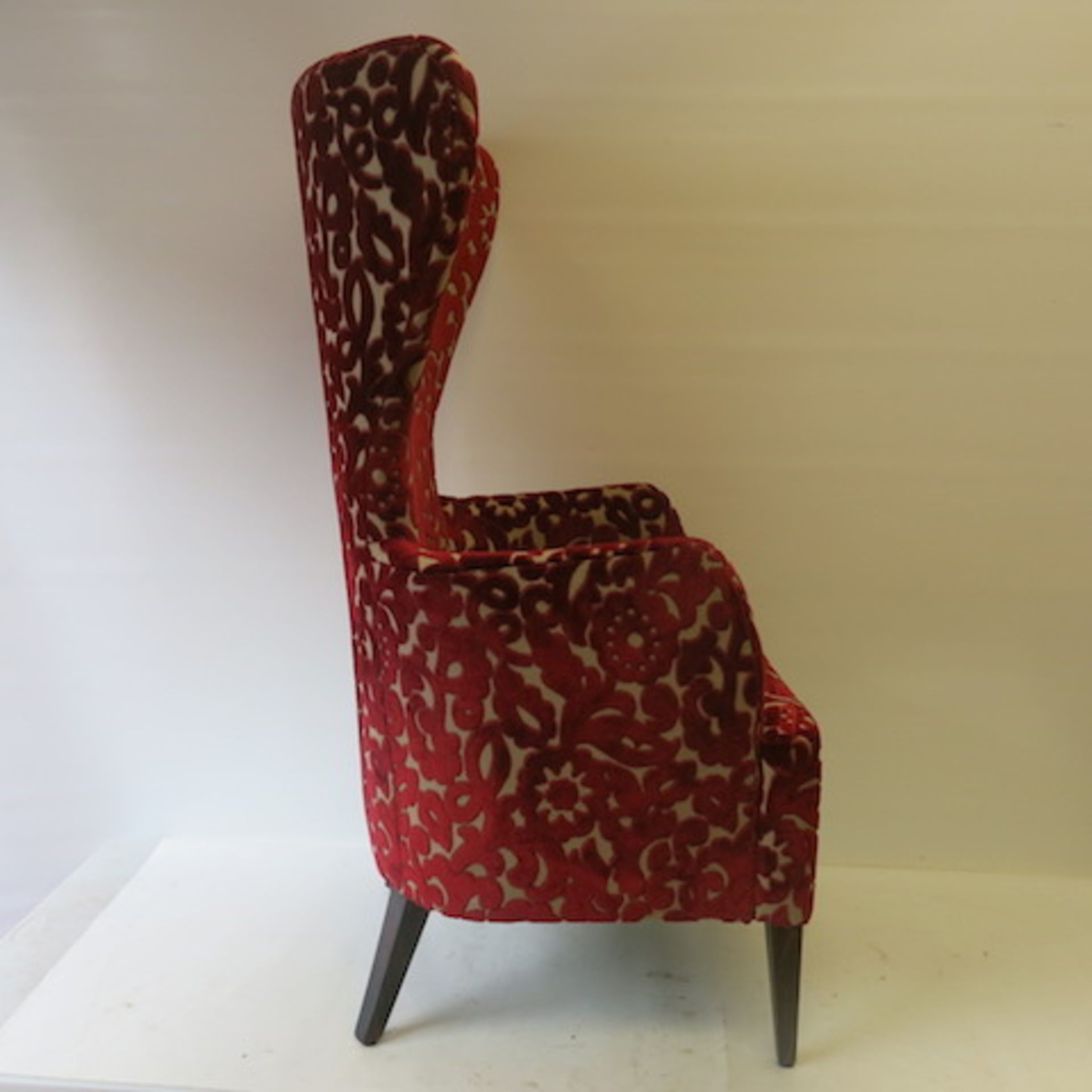 A High Back Wing Armchair with Crushed Velour Pattern in Deep Red & Cream, appears in good condition - Image 4 of 6