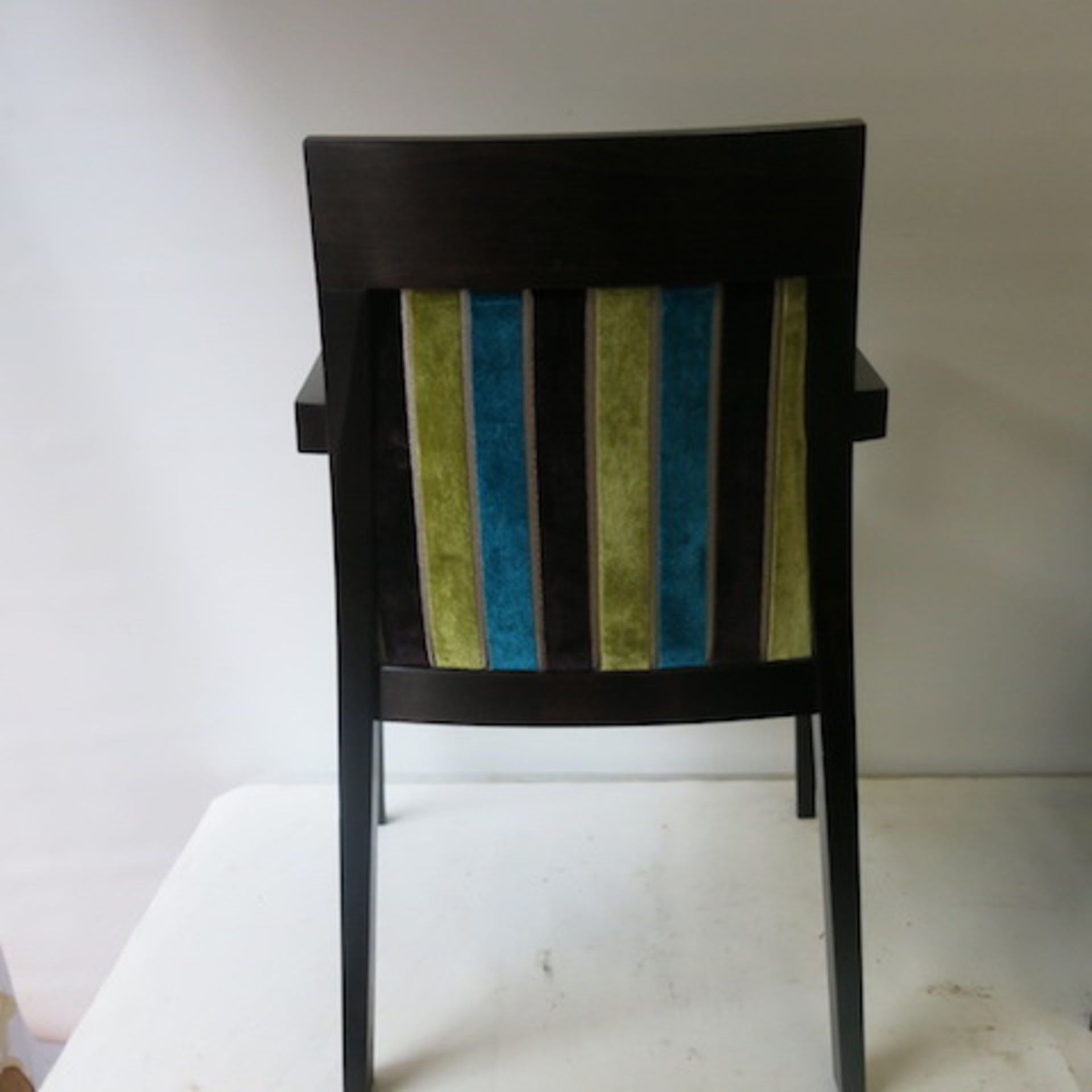 2 x Wooden Framed Dining Chairs with Striped Velour Pattern. Light stains to one seat, but still - Image 6 of 7