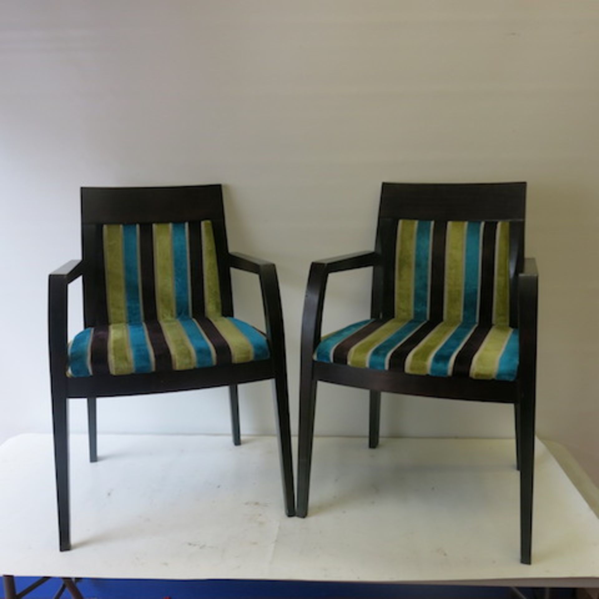 2 x Wooden Framed Dining Chairs with Striped Velour Pattern. Light stains to one seat, but still