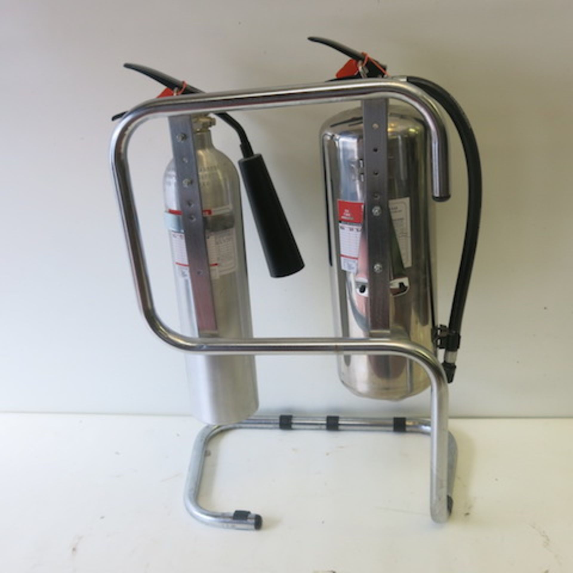 2 x Stainless Steel/Aluminum Fire Extinguishers on Frame, 1 Foam, 1 Carbon Dioxide, Discharge Date - Image 4 of 4