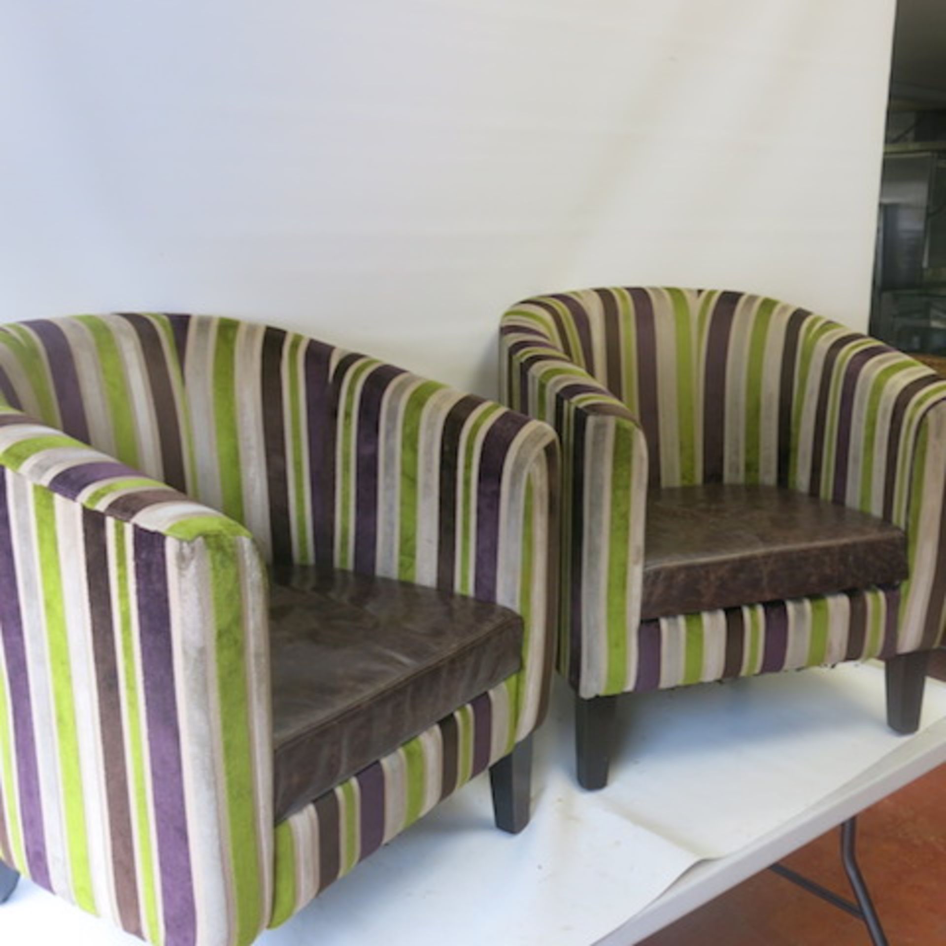 2 x Matching Crushed Velour Tub Chairs with Faux Leather Seat, in Striped Lime/Purple & Beige - Image 3 of 6