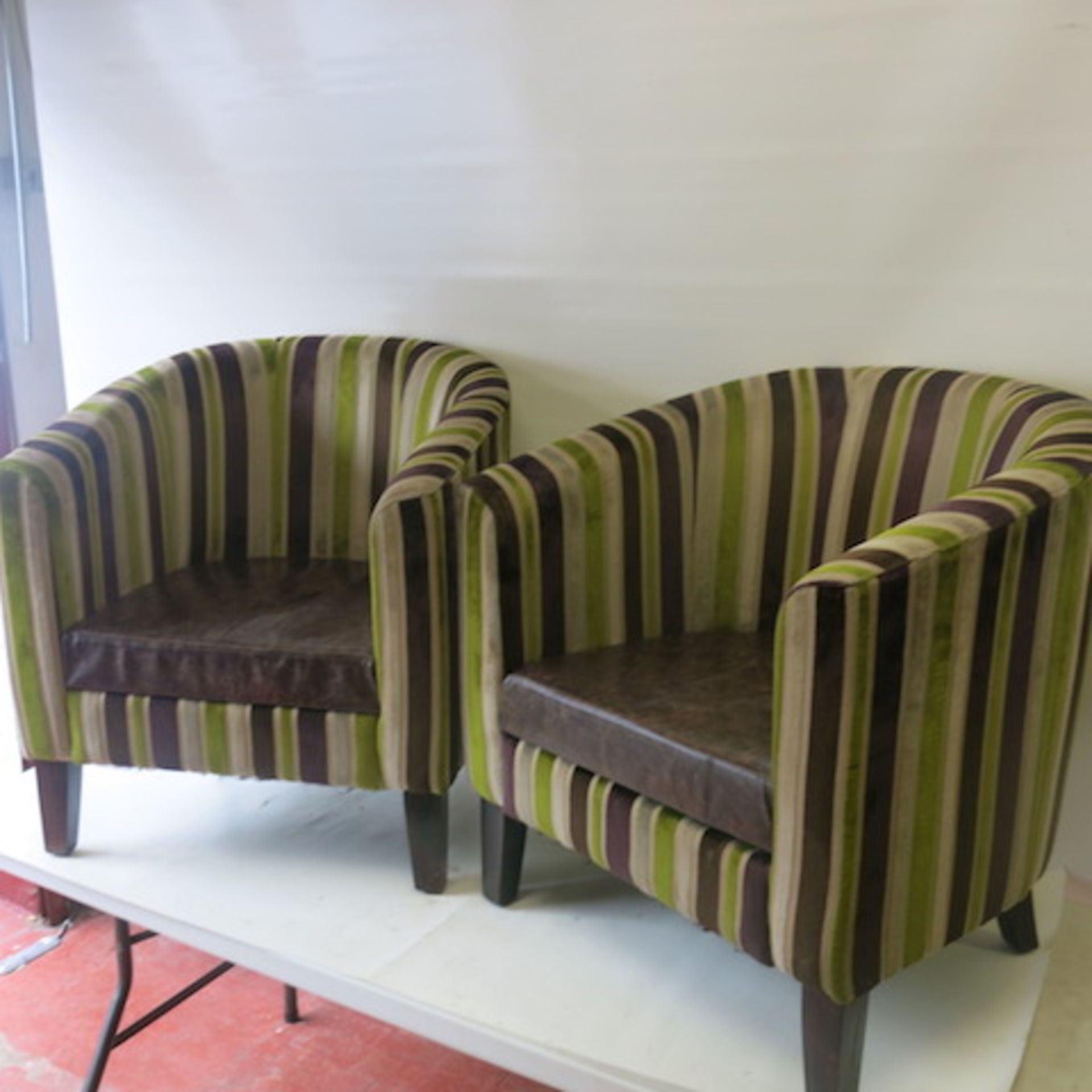 2 x Matching Crushed Velour Tub Chairs with Faux Leather Seat, in Striped Lime/Purple & Beige - Image 2 of 6