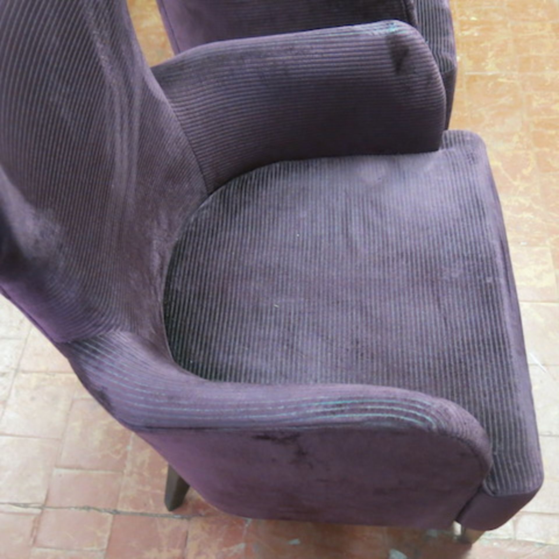 2 x High Back Wing Armchairs in Purple Velour. Some Staining and Wear Visible, but still in - Image 5 of 6