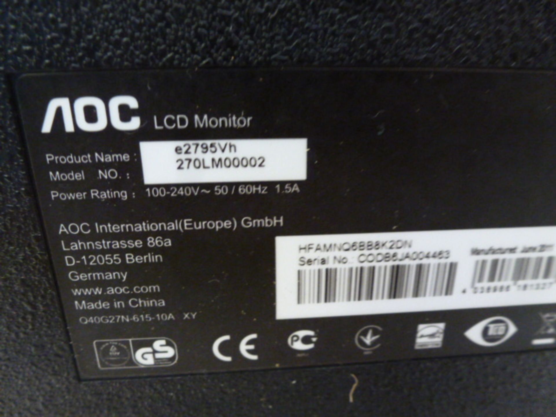 AOC 27" LCD Monitor, Model E2795VH. Comes with Power Supply & VGA Cable - Image 3 of 4