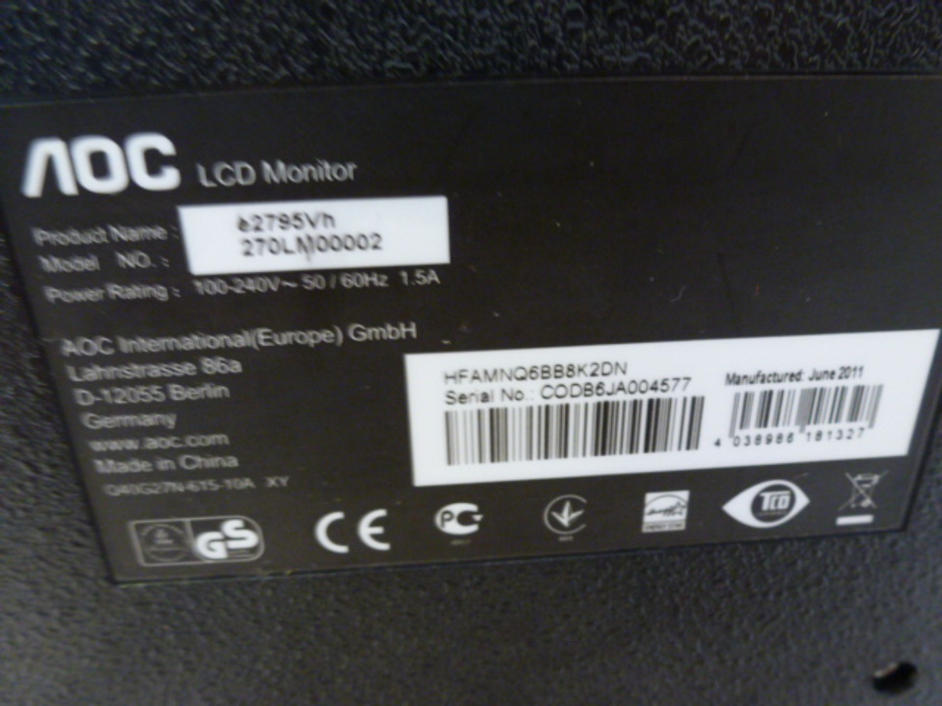 AOC 27" LCD Monitor, Model E2795VH. Comes with Power Supply & VGA Cable - Image 3 of 5