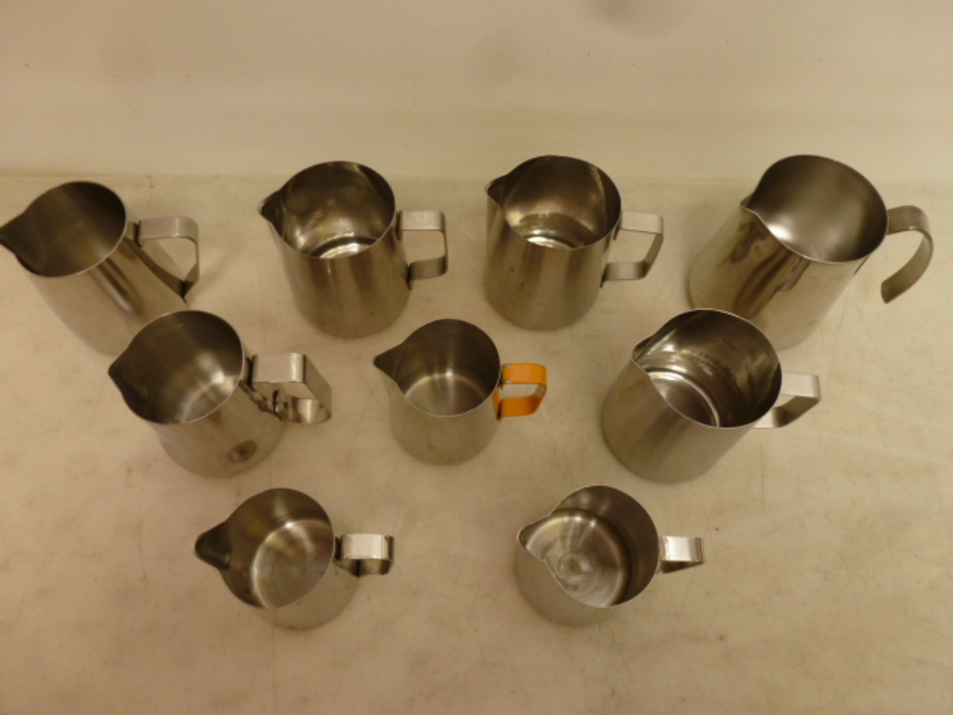 9 x Assorted Sized Stainless Steel Milk Jugs - Image 2 of 3