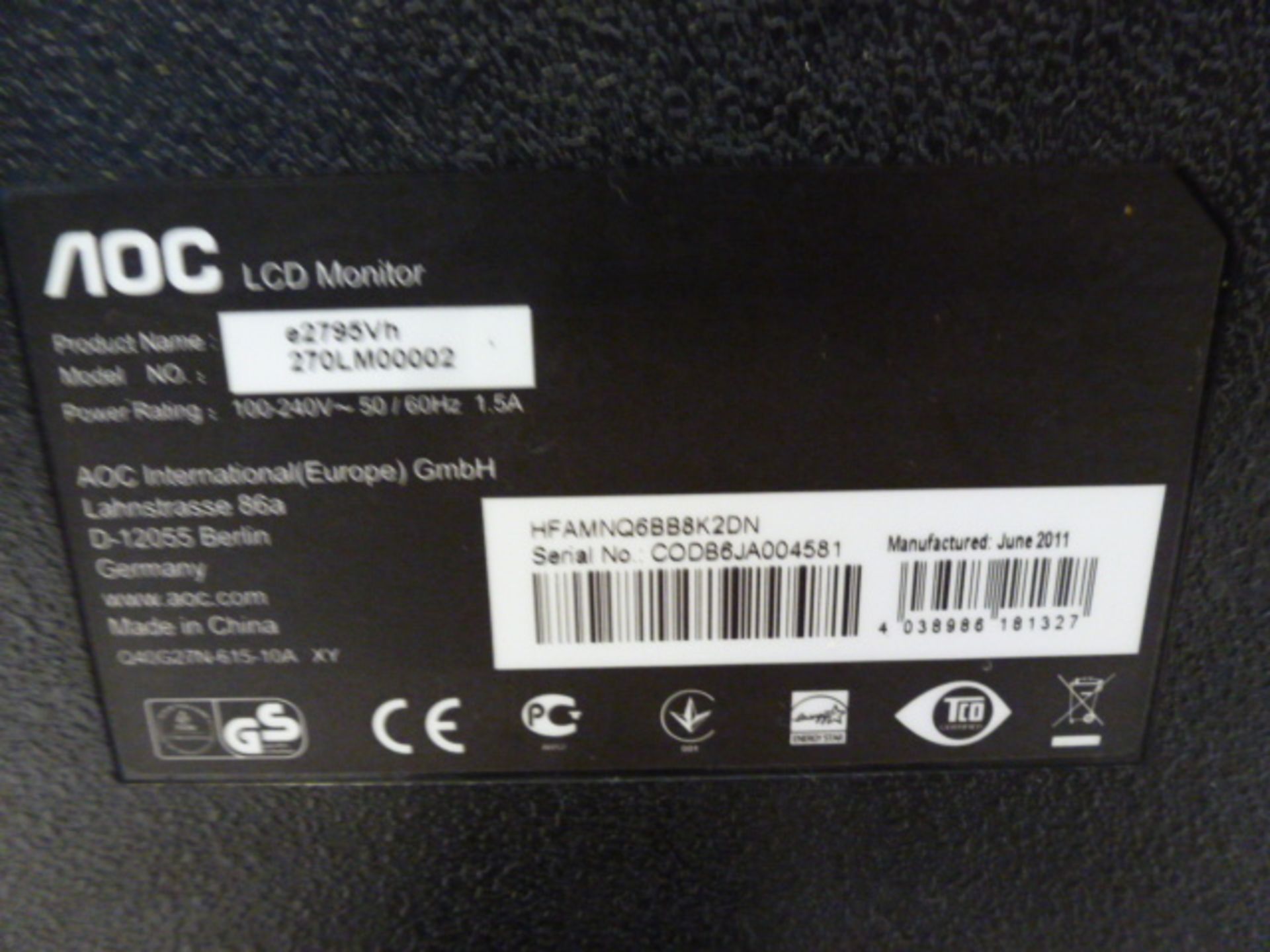 AOC 27" LCD Monitor, Model E2795VH. Comes with Power Supply & VGA Cable - Image 3 of 4