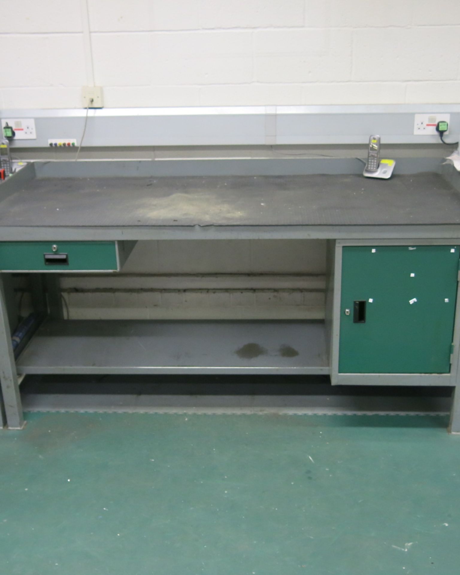 Welconstruct Metal Workbench with Lockable Drawer & Cupboard. Size 1.8m x 76cm with Shelf Under.