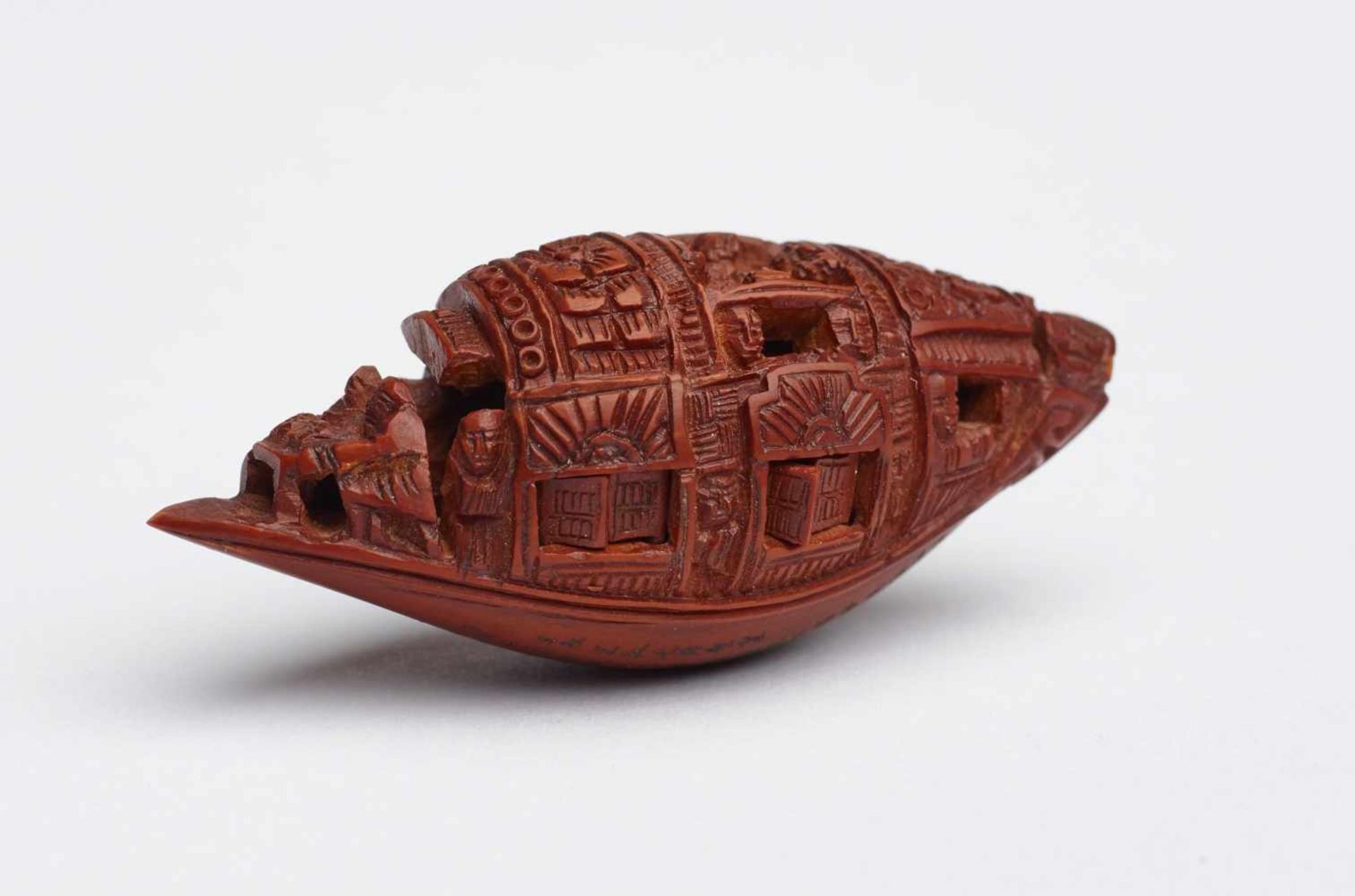 ZHAN GUSHENG: MINIATURE WORK OF COVERED BOAT WITH PASSENGERS AND LONG POEM Pit. China, Guangdong, - Image 5 of 7