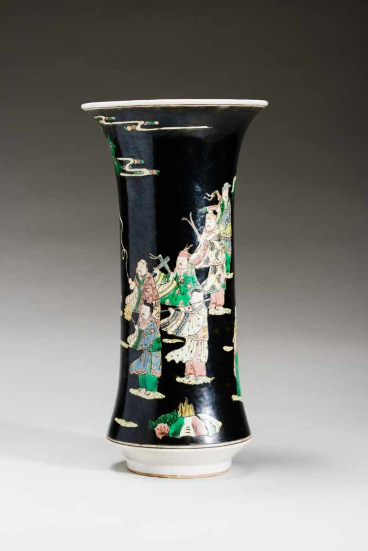 VASE WITH EIGHT IMMORTALS Porcelain with enamel paint. China, Tall vase, flared at both ends, with a