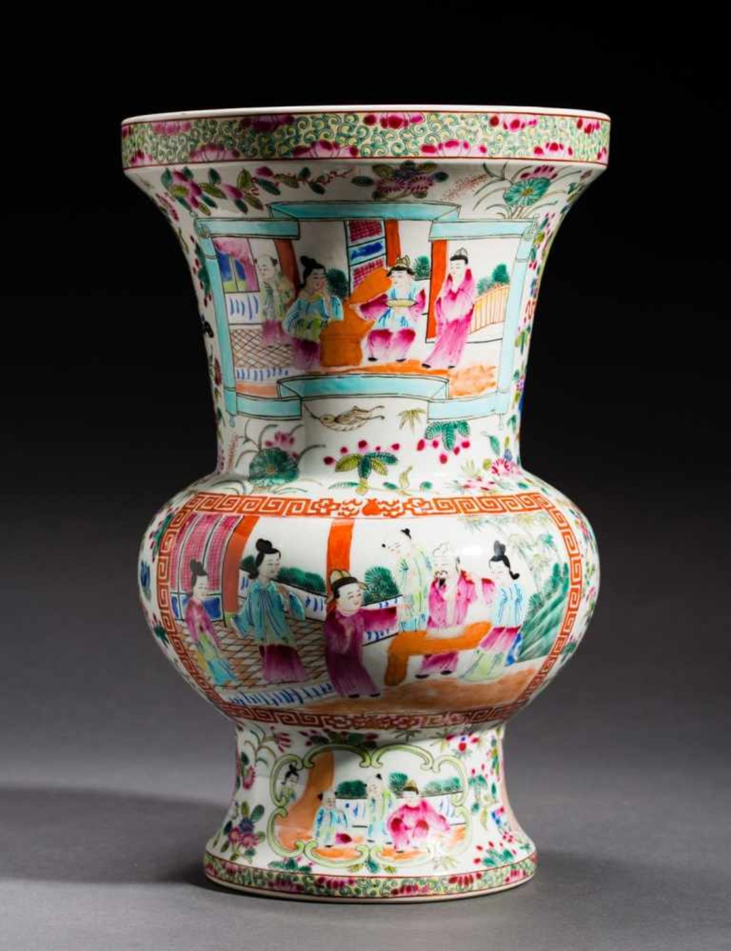 VASE WITH COURTLY SCENE Porcelain with color enamel painting. China, Striking is the large,