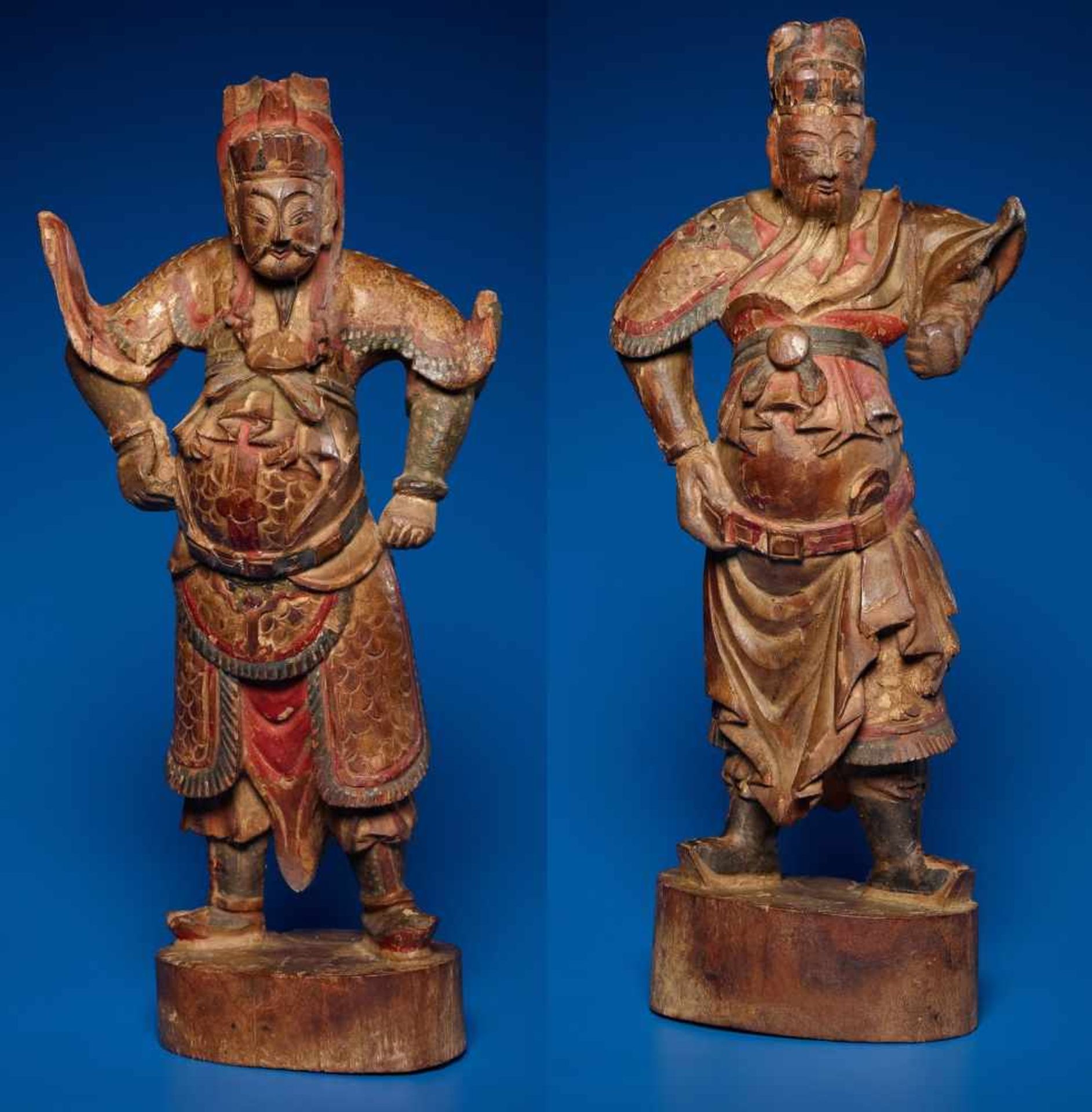 TWO DEITIES Wood with color and gilding. China, late Qing Dynasty, 19th cent. Two figures on a house