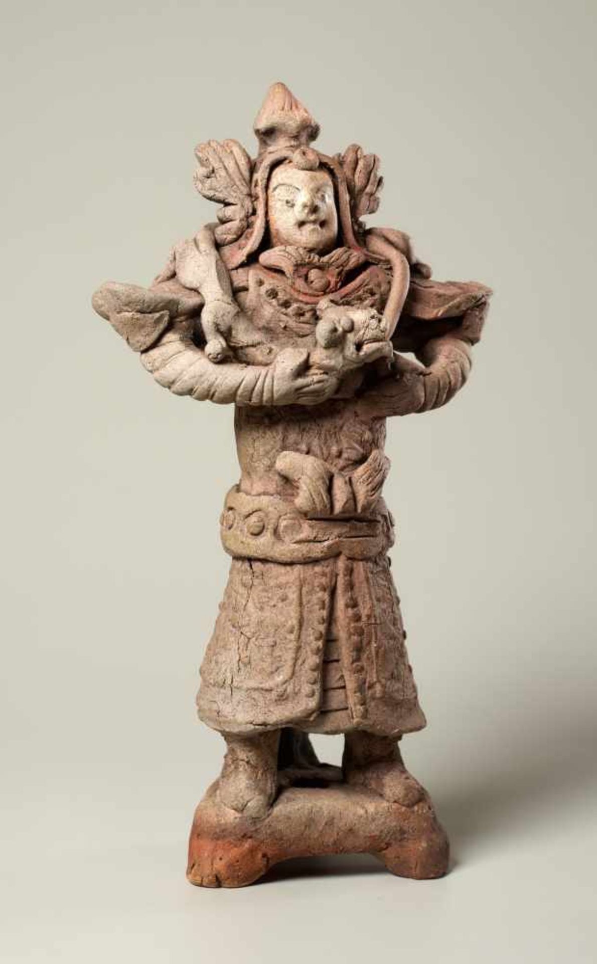 TOMB GUARDIAN WITH SNAKE Terracotta. China, Yuan Dynasty (approx. 14th cent.) Amusingly formed and - Image 3 of 6