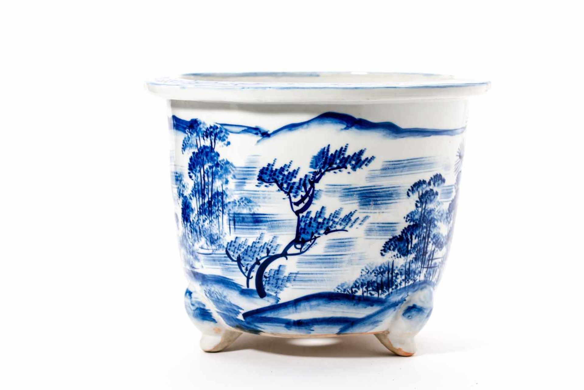 POT WITH BLUE AND WHITE SCENIC LANDSCAPE Porcelain with underglaze blue painting. Japan, Meiji - Image 2 of 5
