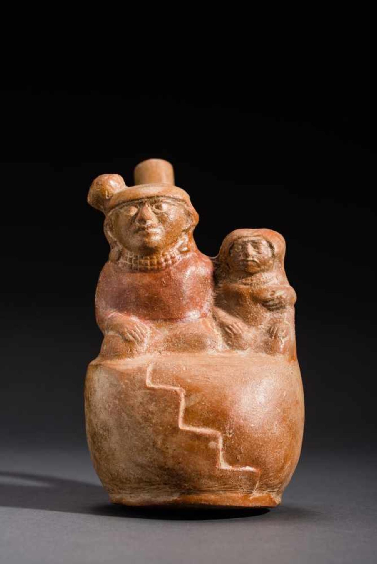 VESSEL WITH MAN AND WOMAN Terracotta. Moche, ca. 8th cent. (TL-tested) Small woman and large man
