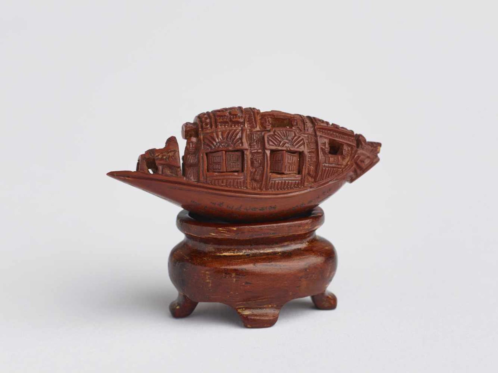 ZHAN GUSHENG: MINIATURE WORK OF COVERED BOAT WITH PASSENGERS AND LONG POEM Pit. China, Guangdong, - Image 3 of 7